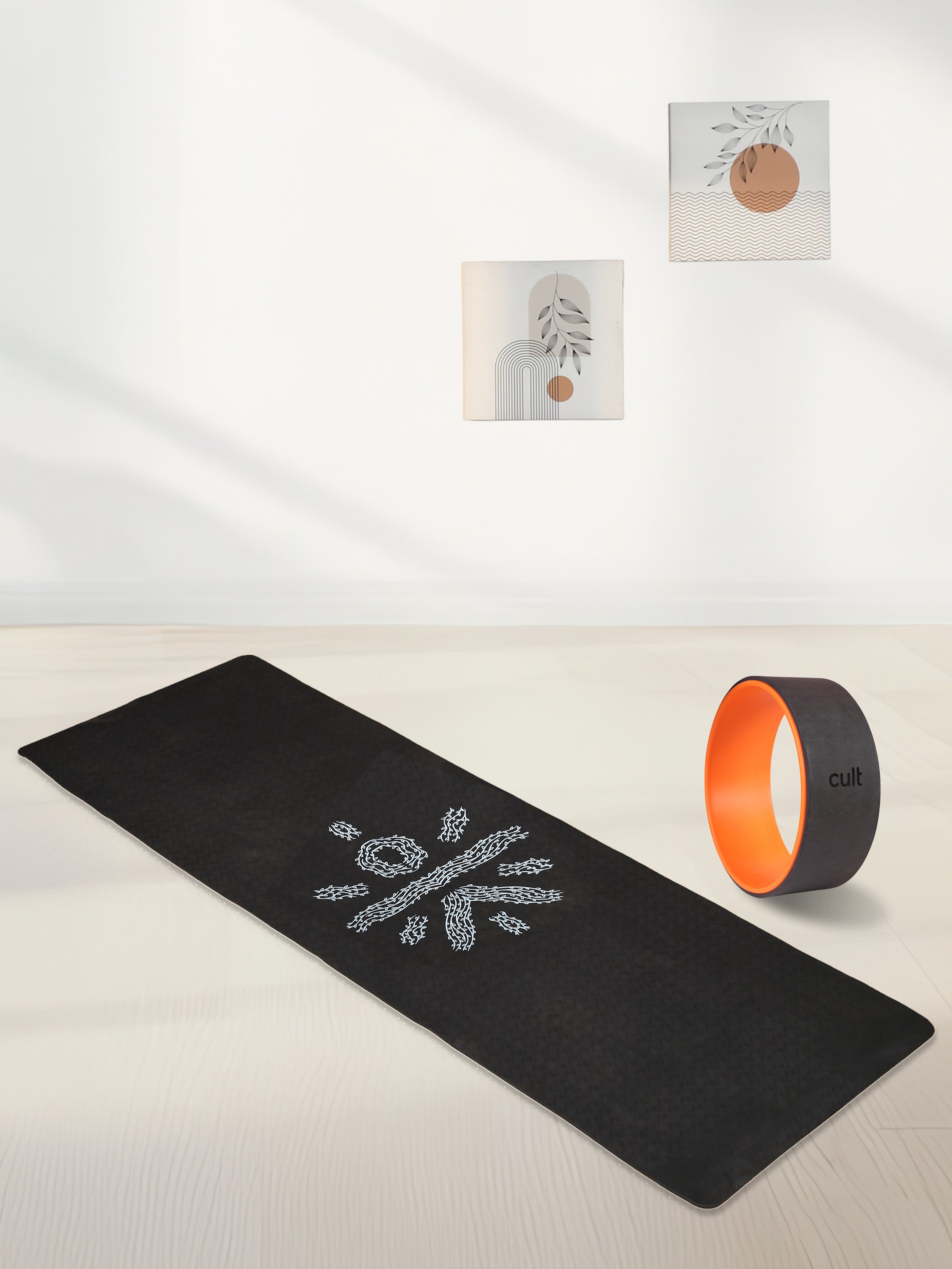 TPE Yoga Mat Black with Yoga Wheel Grey