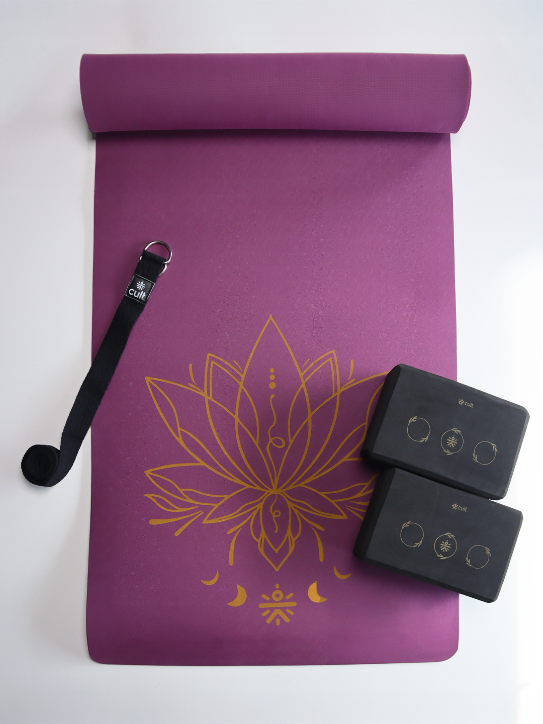 Cult Yoga Essentials Combo (6mm TPE Wine Mat + Pair of Knee Pad Black + Yoga Belt Black)