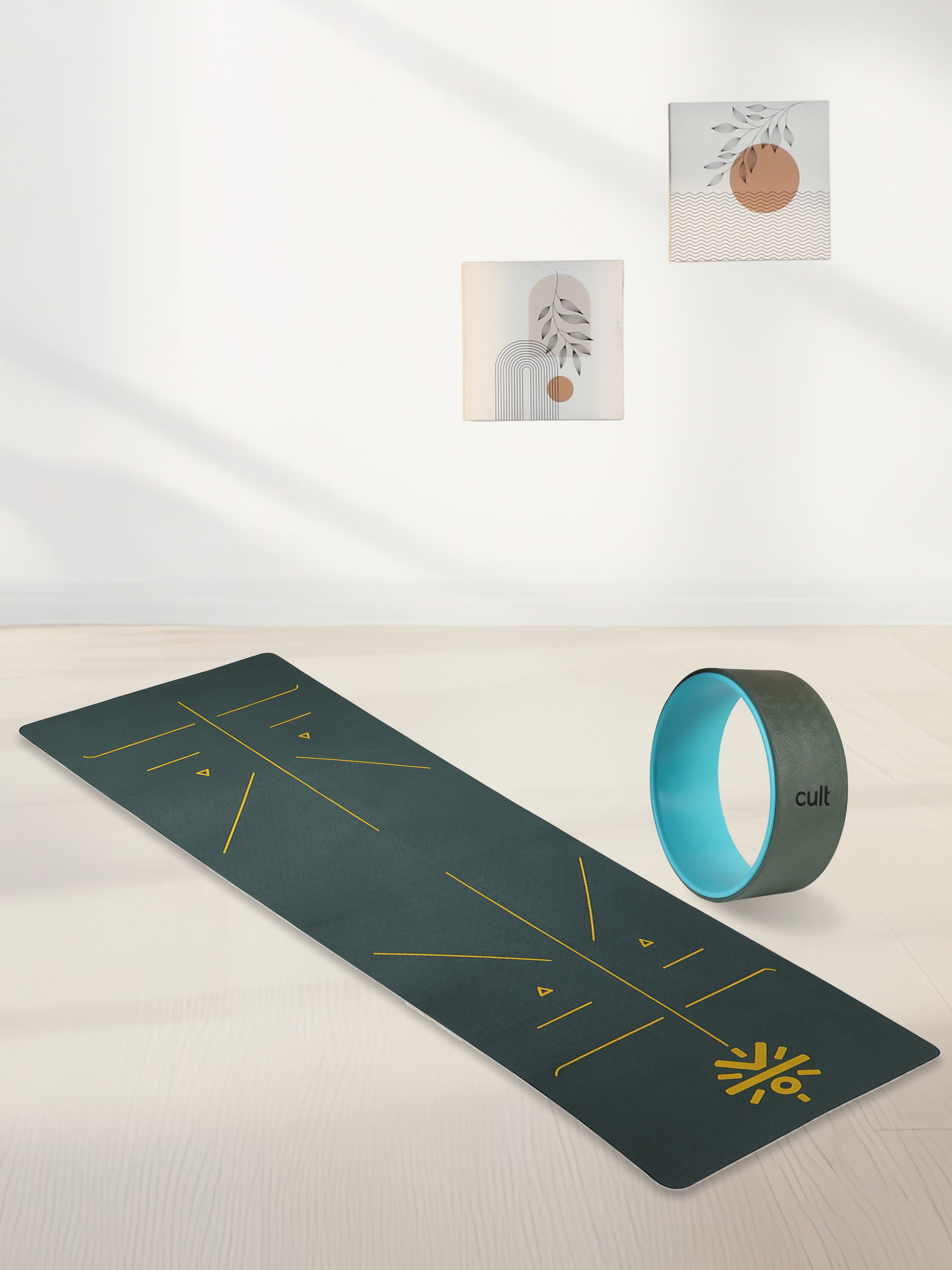 TPE Alignment 6mm Yoga Mat Green with Carry Strap & Yoga Wheel Green