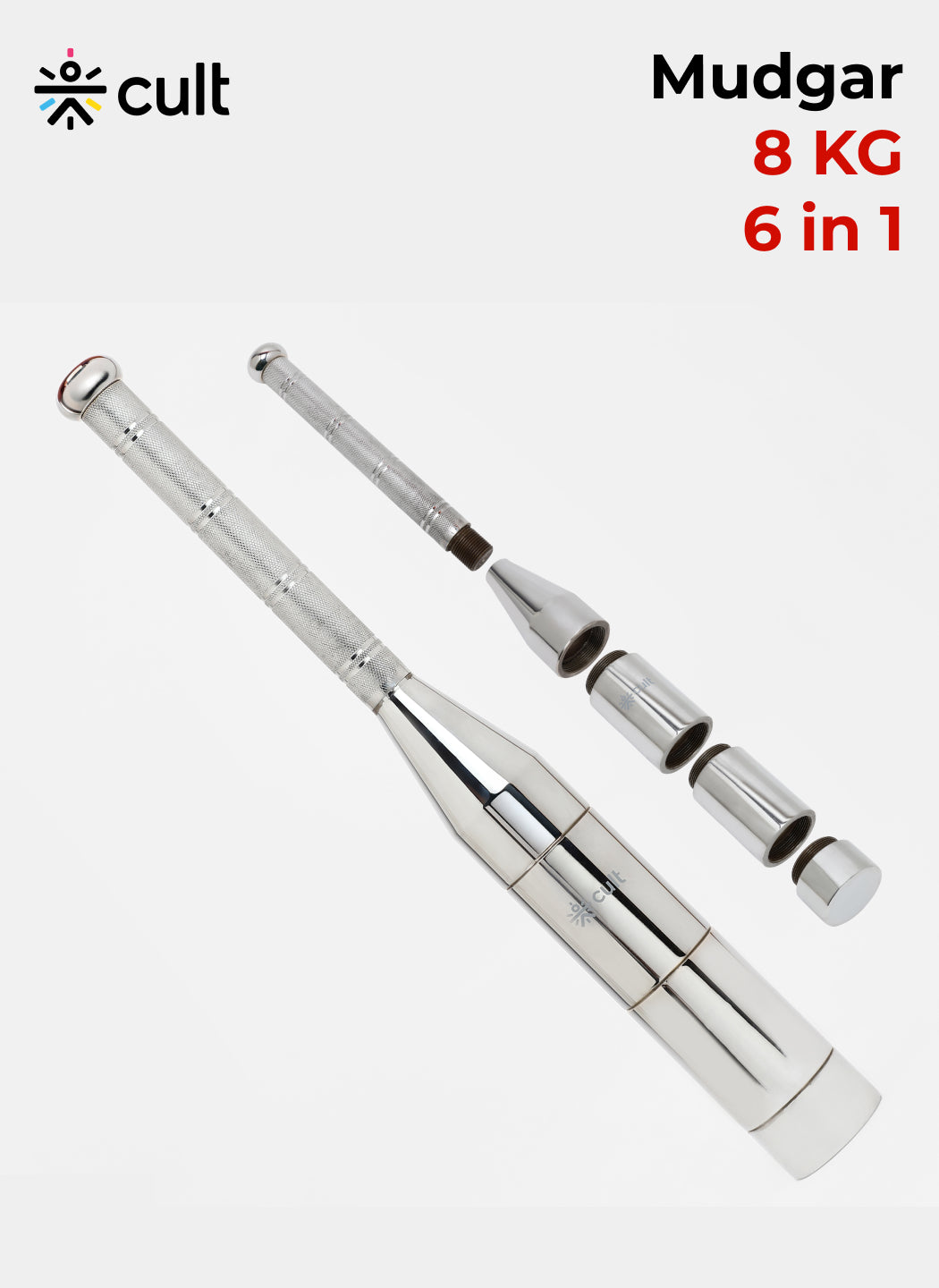 Cult 6-in-1 Adjustable Steel 8KG Mudgar for Full Body Training | Silver Indian Clubs (8 kg)