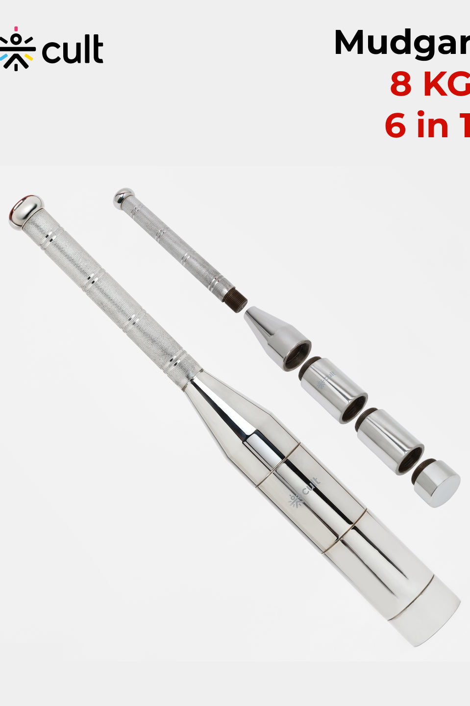 Cult 6-in-1 Adjustable Steel 8KG Mudgar for Full Body Training | Silver Indian Clubs (8 kg)