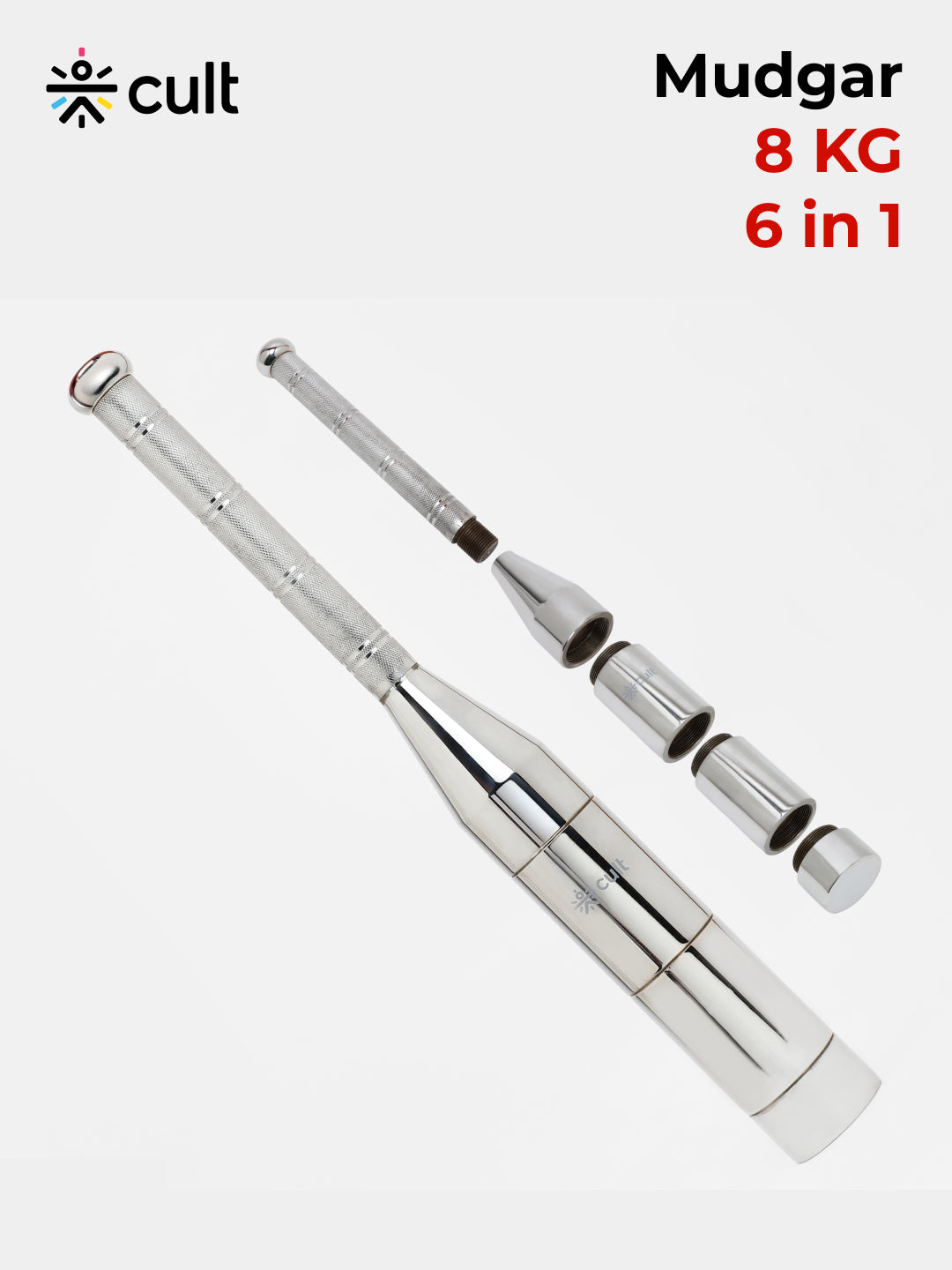Cult 6-in-1 Adjustable Steel 8KG Mudgar for Full Body Training | Silver Indian Clubs (8 kg)