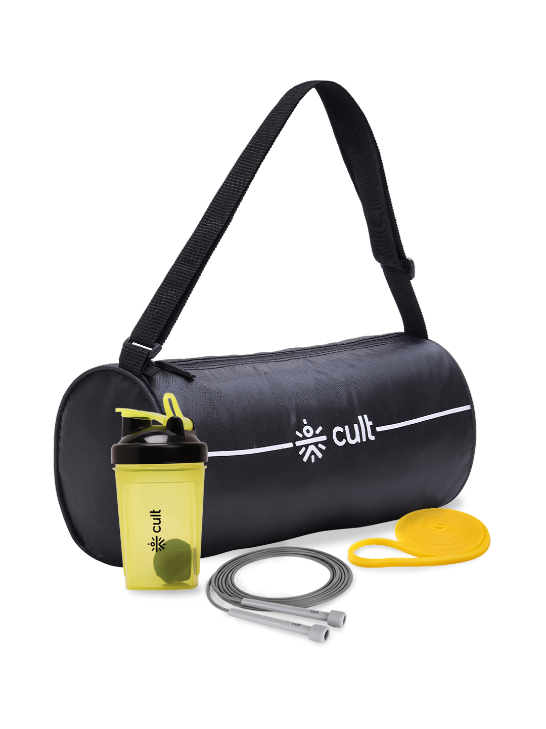 Cult On the Go Fitness kit with Resistance Band Yellow, Skipping Rope Grey, Yellow shaker 500 ml & Duffle Bag Black