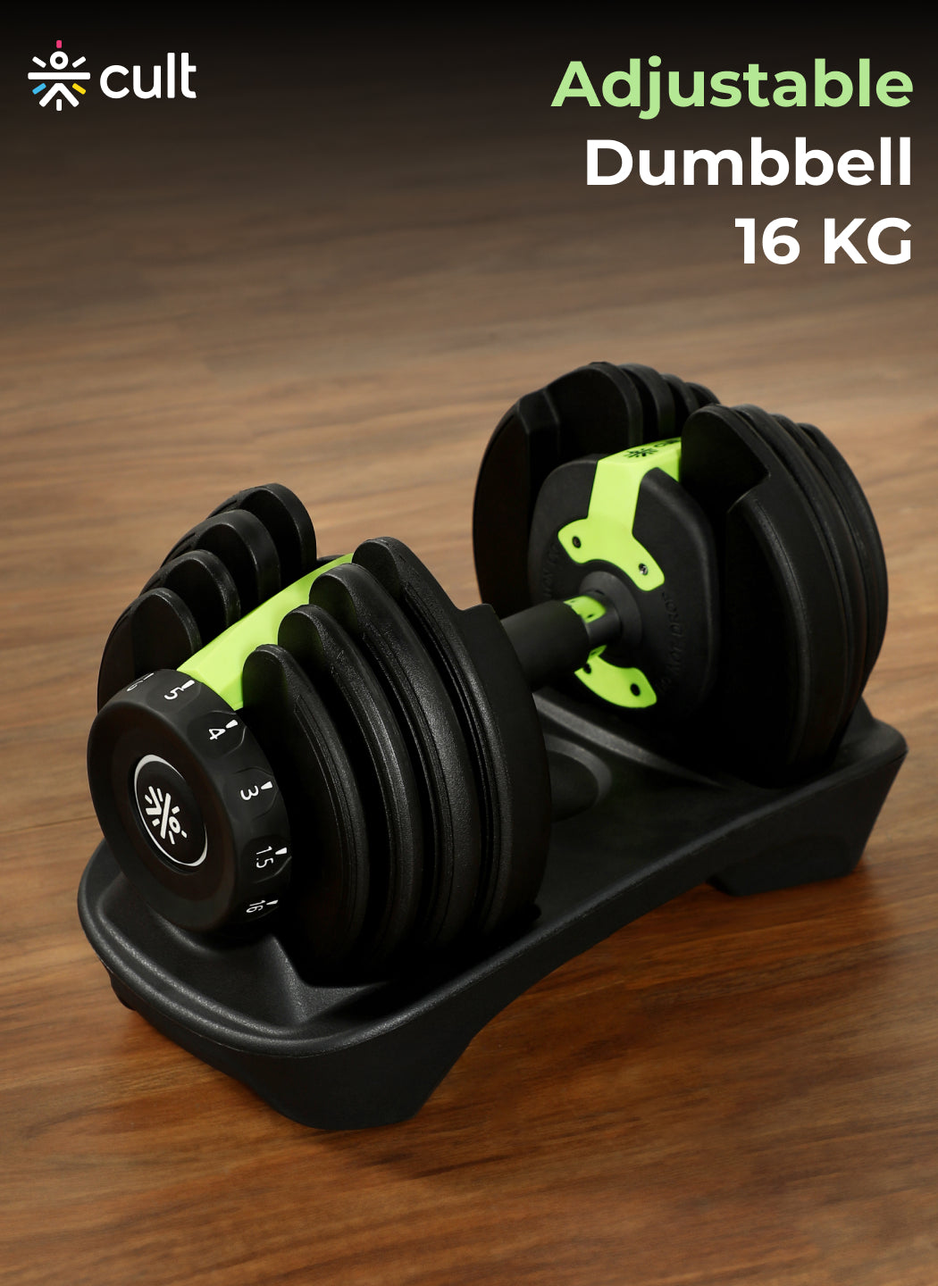 Cult 16kg Adjustable Dumbbell | 12 Weight Options (1.5kg-16kg) | Quick Weight Adjustment Dial | Non-Slip Compact Home Gym Dumbbell - Black