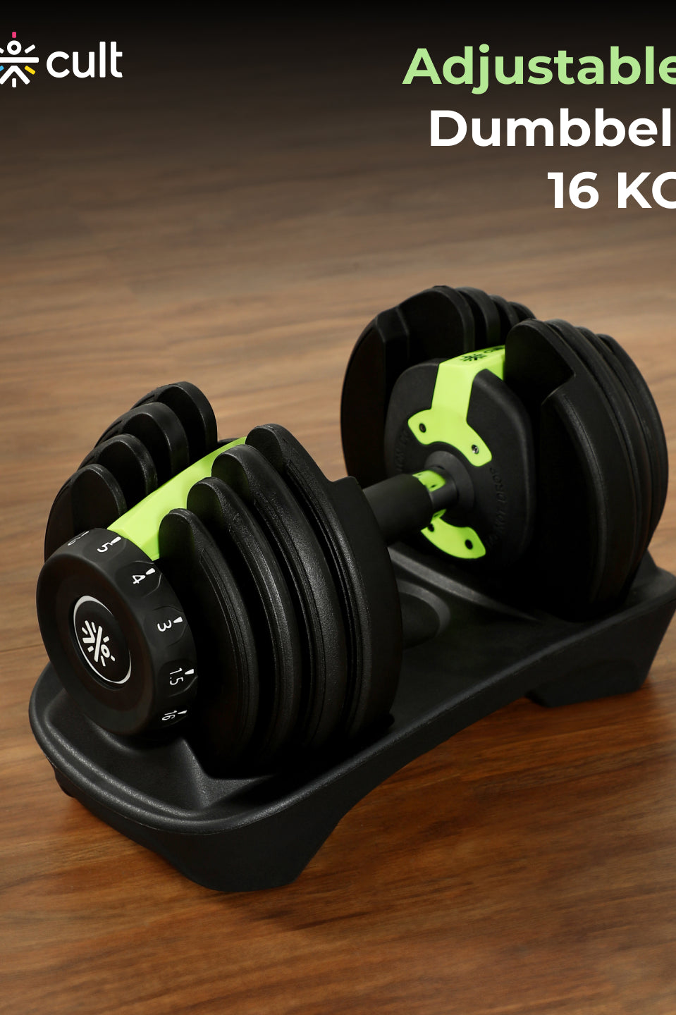 Cult 16kg Adjustable Dumbbell | 12 Weight Options (1.5kg-16kg) | Quick Weight Adjustment Dial | Non-Slip Compact Home Gym Dumbbell - Black