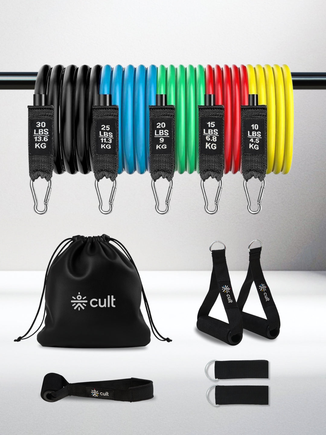 Cult Resistance Band Set of 11 with Handles, Portable Toning Tubes with Door Anchor & Foam Handles Resistance Tube Kit with Bag and Ankle Straps Included