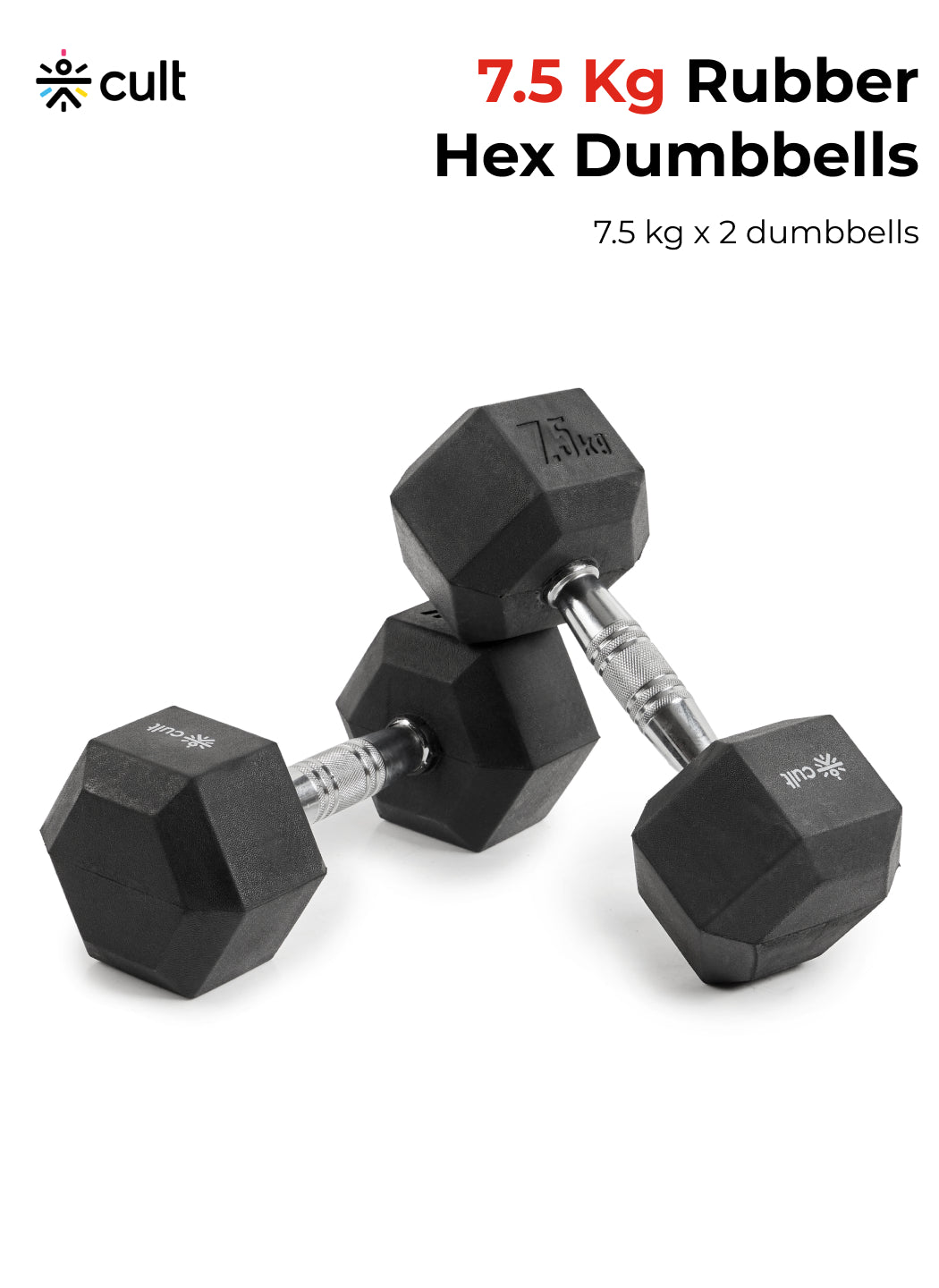 Cult 7.5Kg Hex Dumbbells For Home & Gym Exercises, Set of 2, (Black)