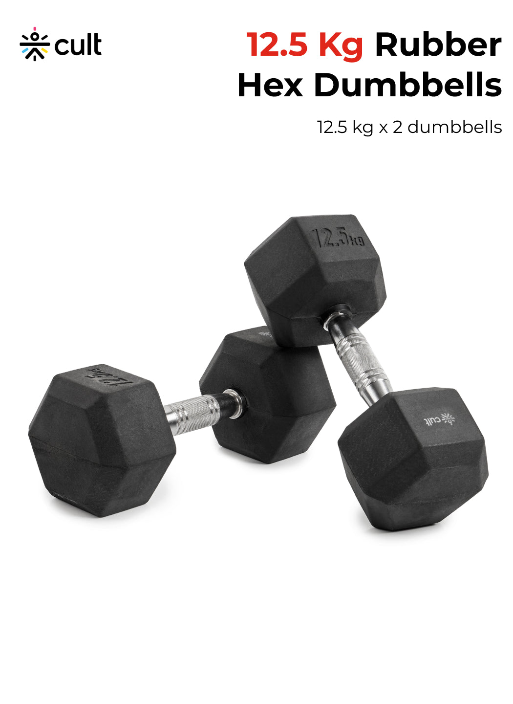 Cult 12.5Kg Hex Dumbbells For Home & Gym Exercises, Set of 2, (Black)