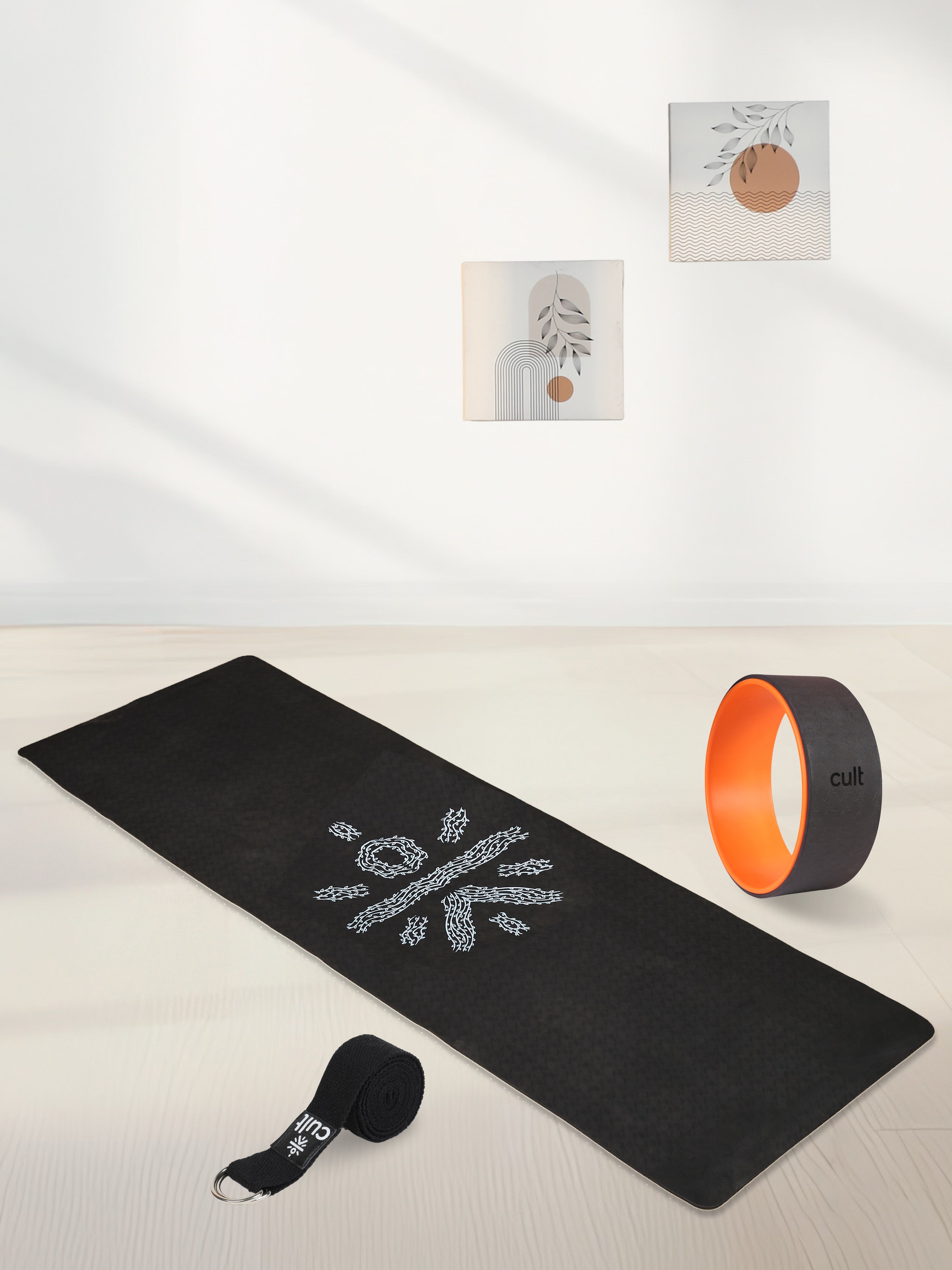 TPE 6mm Yoga Mat Black with Carry bag & Yoga Wheel Grey & Yoga Belt Black