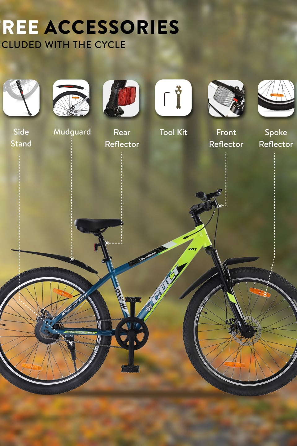 DAUNTLESS26TGREENBLUE Steel Single Speed 26 inch Mountain Cycle, Dual Disc Brake, Front Suspension, Double Wall Rim