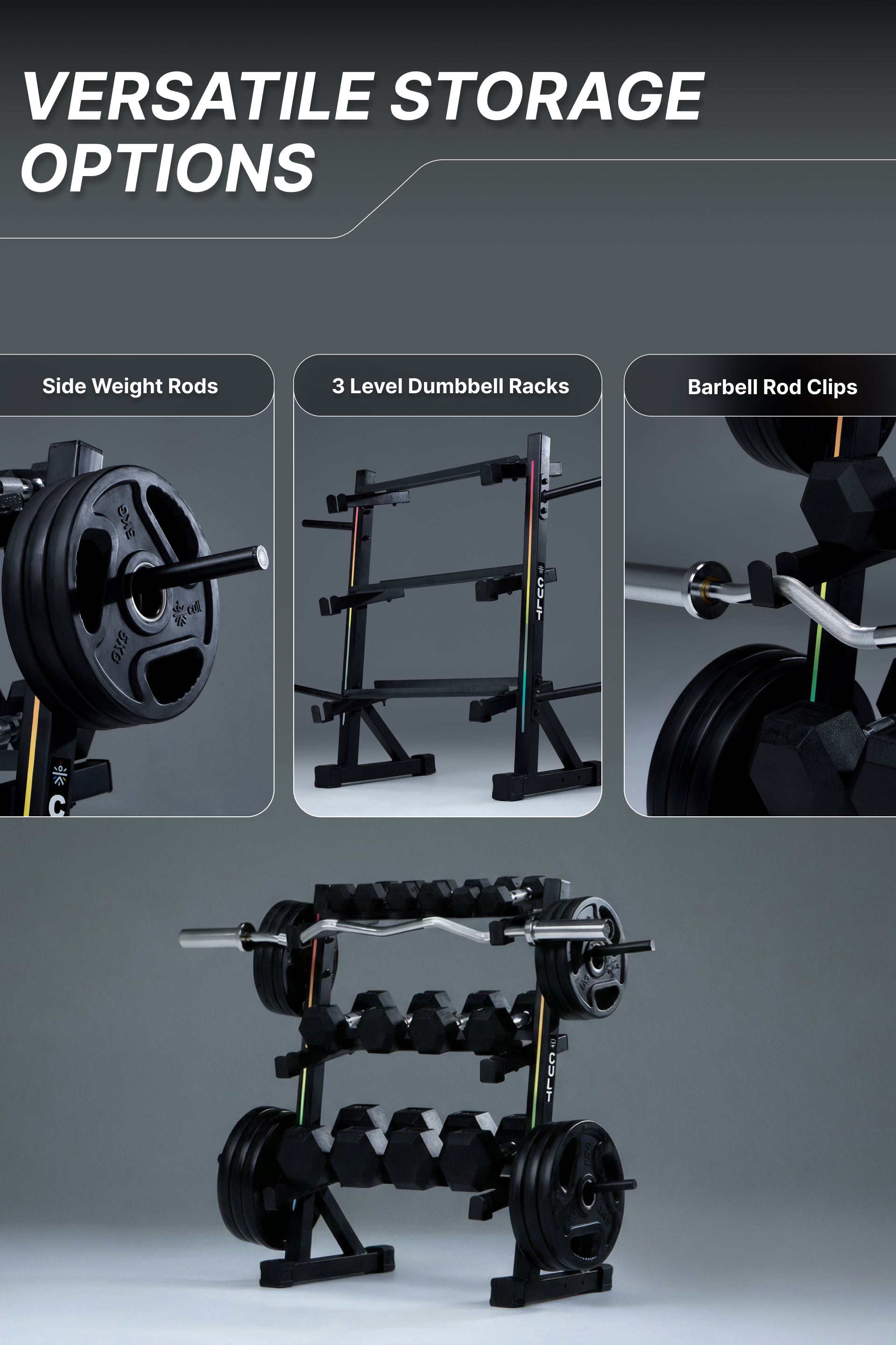 Cult 3 Level Storage Rack for weights (Rod, Plates & Dumbbell) | 300 Kg Max Load | Compact, Stable & Space-Efficient Design for home use (with 6 Months Extended Warranty)