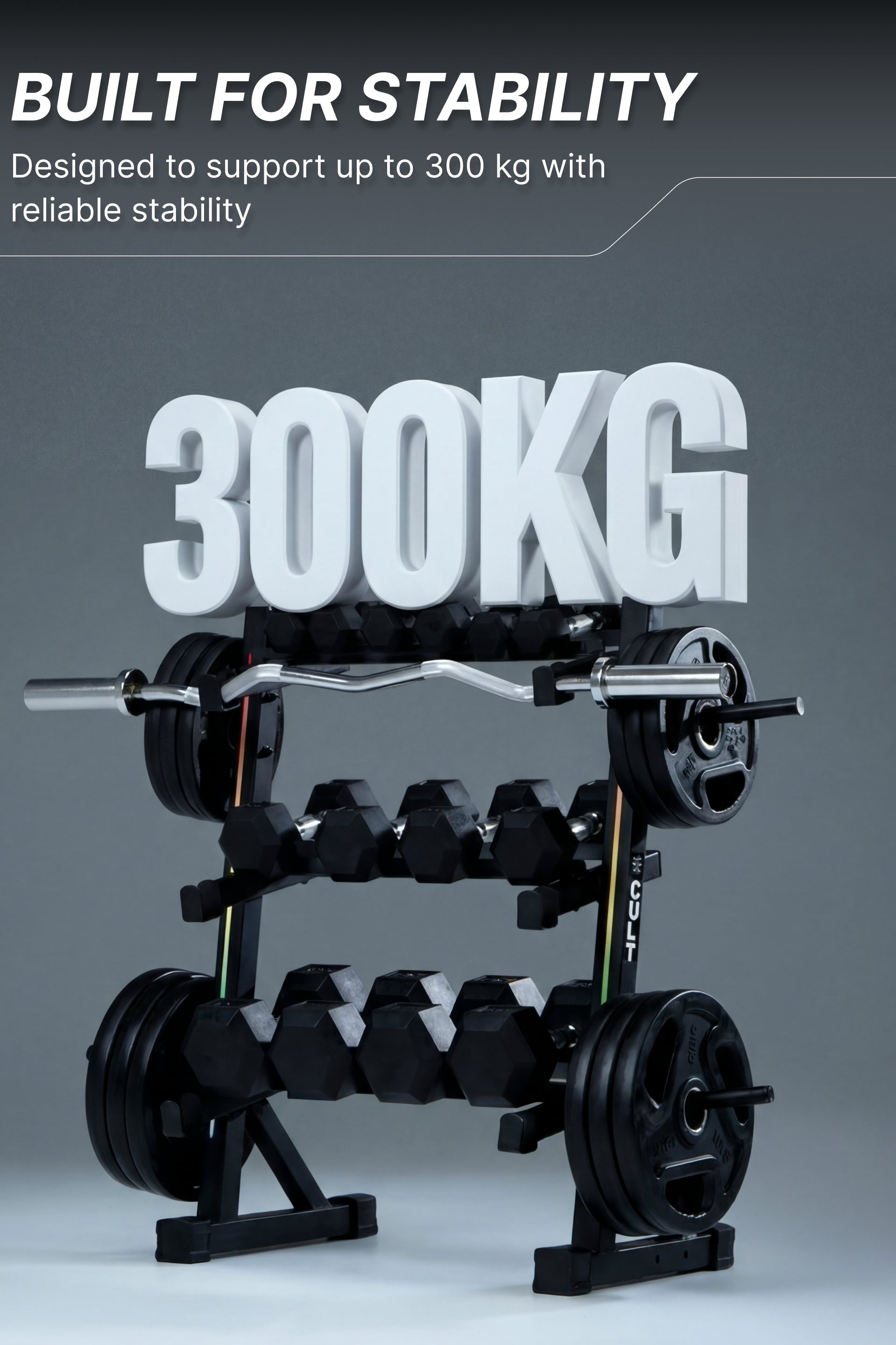 Cult 3 Level Storage Rack for weights (Rod, Plates & Dumbbell) | 300 Kg Max Load | Compact, Stable & Space-Efficient Design for home use (with 6 Months Extended Warranty)