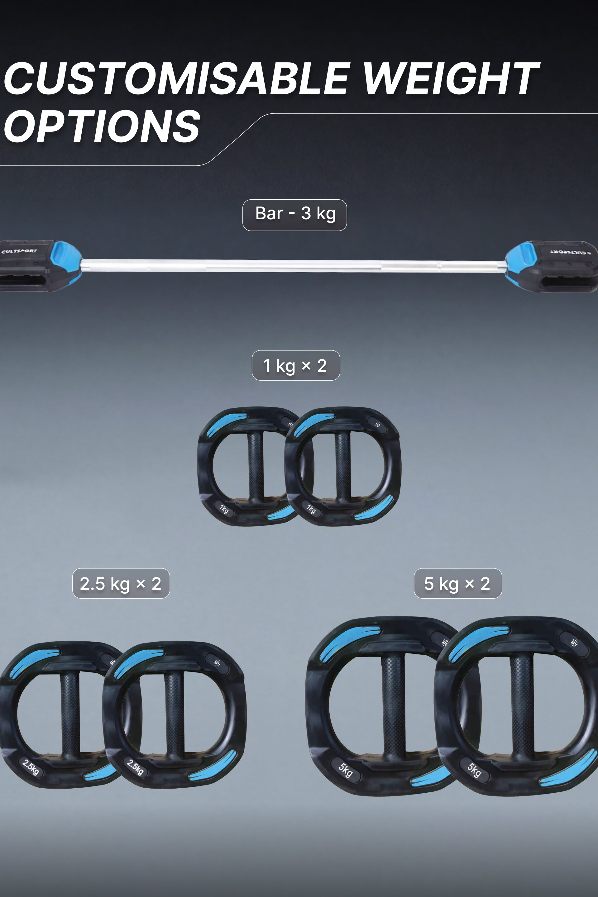 Cult Smartbar 20 Kg Adjustable Barbell with 3 pairs of Multi-grip weight plates, 2-in-1 use as free weights dumbbells & Barbell rod | Perfect for Home Strength Training