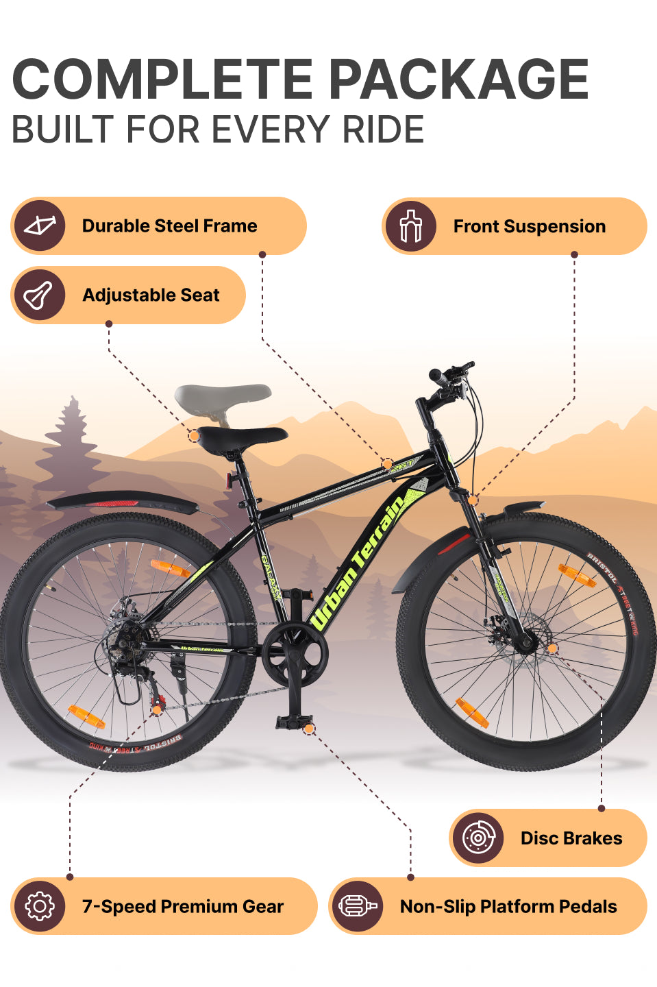 Galaxy Max Mountain Bike Steel 7 Speed Cycle 26 inch Tyre, Green With Front Suspension, Single Wall Rim and Dual Disc Brakes Ideal For 5 ft to 5.7 ft, Free Trainer Sessions and Cycling Event