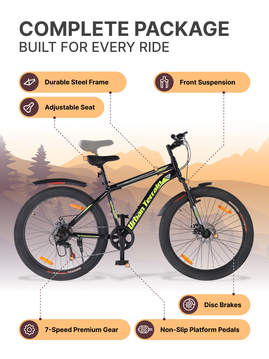 Galaxy Max Mountain Bike Steel 7 Speed Cycle 26 inch Tyre, Green With Front Suspension, Single Wall Rim and Dual Disc Brakes Ideal For 5 ft to 5.7 ft, Free Trainer Sessions and Cycling Event