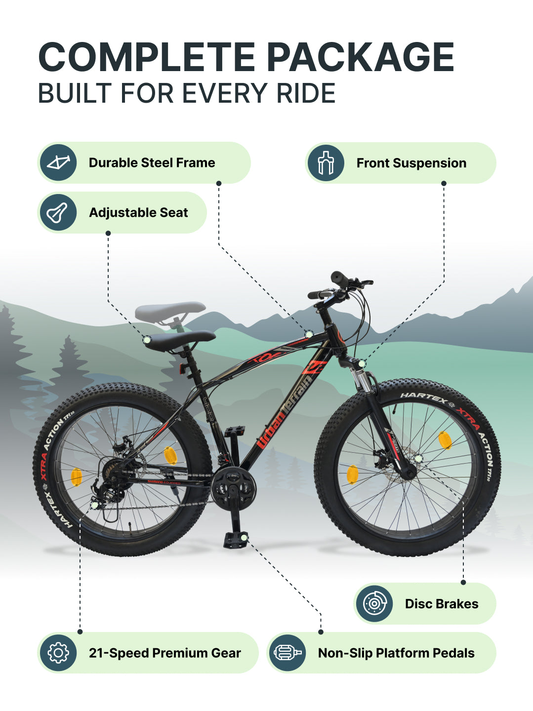 Rogue Mountain Bike Steel 21 Speed Cycle 26 inch Fat Tyre, Black With Front Suspension, Single Wall Rim and Dual Disc Brakes, Ideal For 5 ft to 5.7 ft, Free Trainer Sessions and Cycling Event