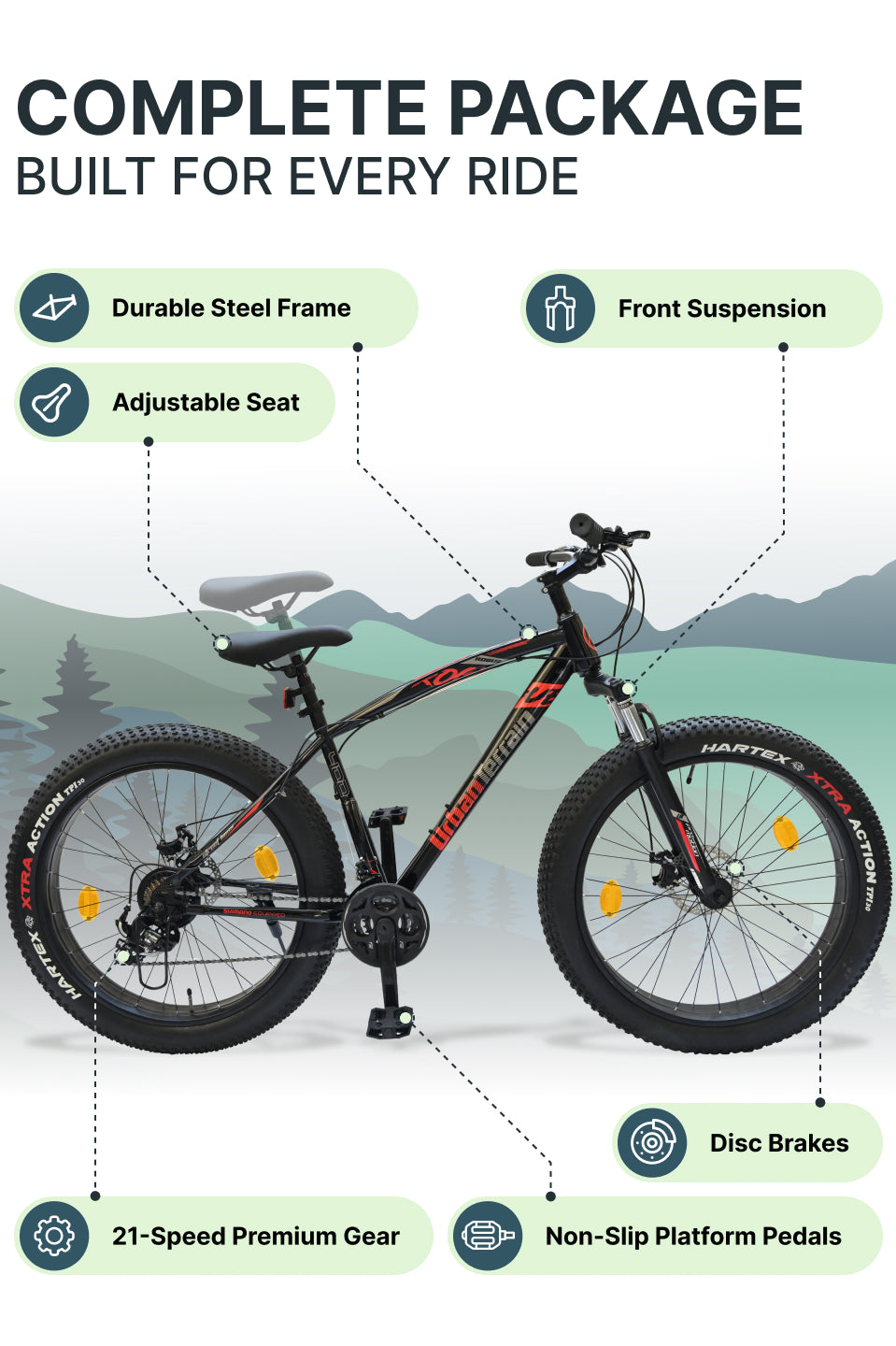 Rogue Mountain Bike Steel 21 Speed Cycle 26 inch Fat Tyre, Black With Front Suspension, Single Wall Rim and Dual Disc Brakes, Ideal For 5 ft to 5.7 ft, Free Trainer Sessions and Cycling Event