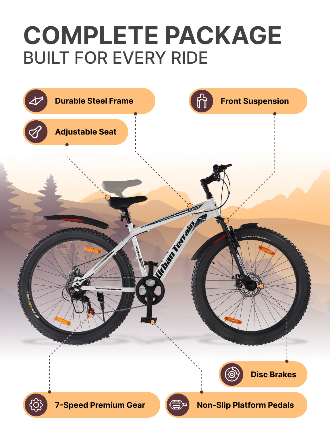 Galaxy Max Mountain Bike Steel 7 Speed Cycle 27.5 inch Tyre, White With Front Suspension, Single Wall Rim and Dual Disc Brakes Ideal For 5.2 ft to 6 ft