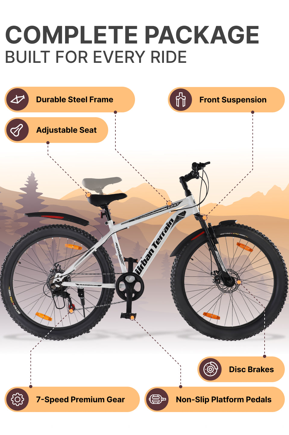Galaxy Max Mountain Bike Steel 7 Speed Cycle 27.5 inch Tyre, White With Front Suspension, Single Wall Rim and Dual Disc Brakes Ideal For 5.2 ft to 6 ft