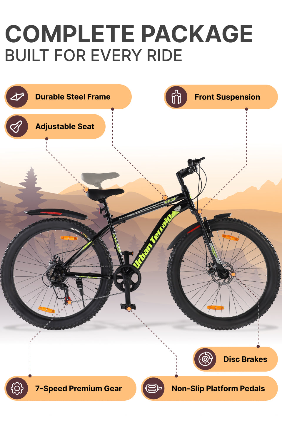 Galaxy Max Mountain Bike Steel 7 Speed Cycle 27.5 inch Tyre, Green With Front Suspension, Single Wall Rim and Dual Disc Brakes Ideal For 5.2 ft to 6 ft