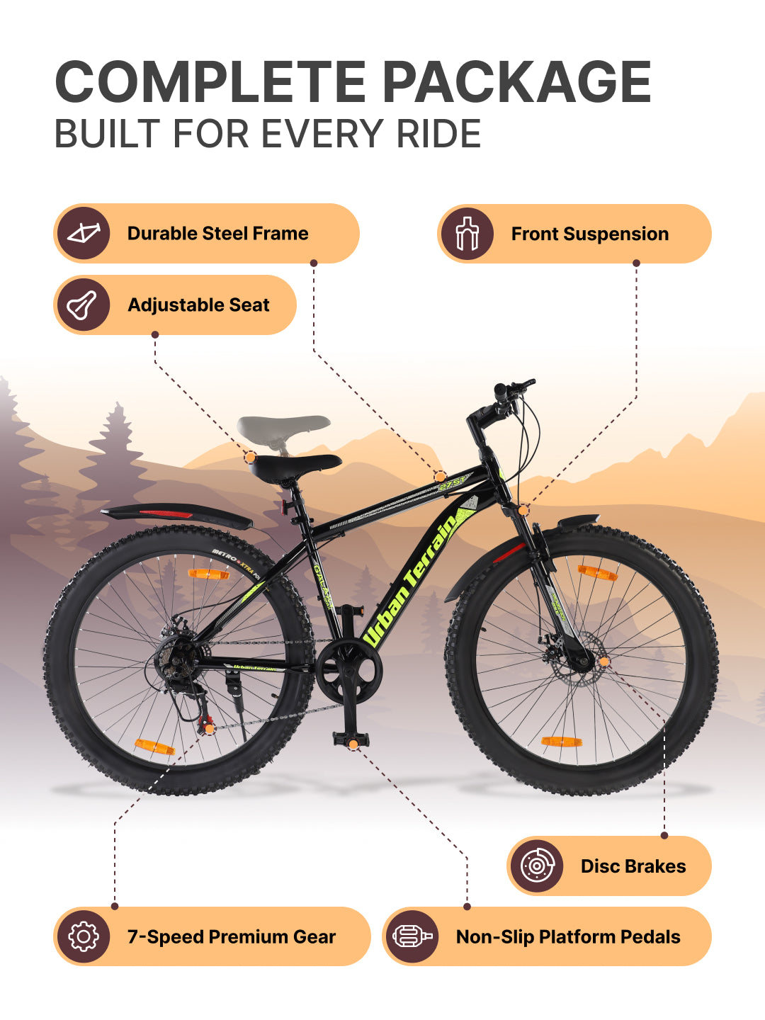 Galaxy Max Mountain Bike Steel 7 Speed Cycle 27.5 inch Tyre, Green With Front Suspension, Single Wall Rim and Dual Disc Brakes Ideal For 5.2 ft to 6 ft