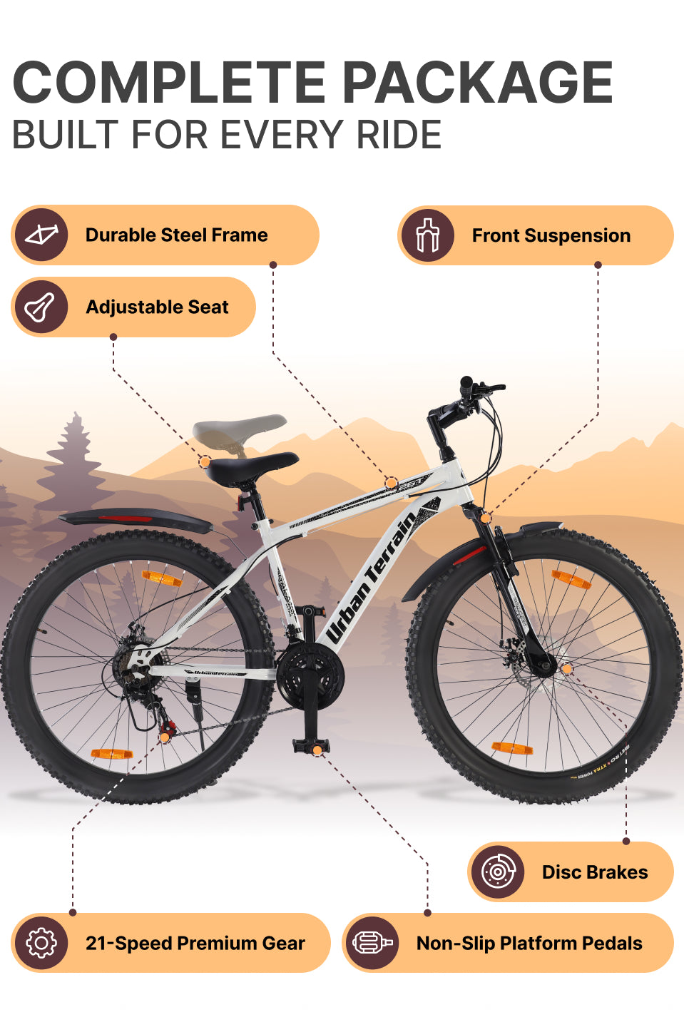 Galaxy Ultra Mountain Bike Steel 21 Speed Cycle 26 inch Tyre, White With Front Suspension, Single Wall Rim and Dual Disc Brakes Ideal For 5 ft to 5.7 ft