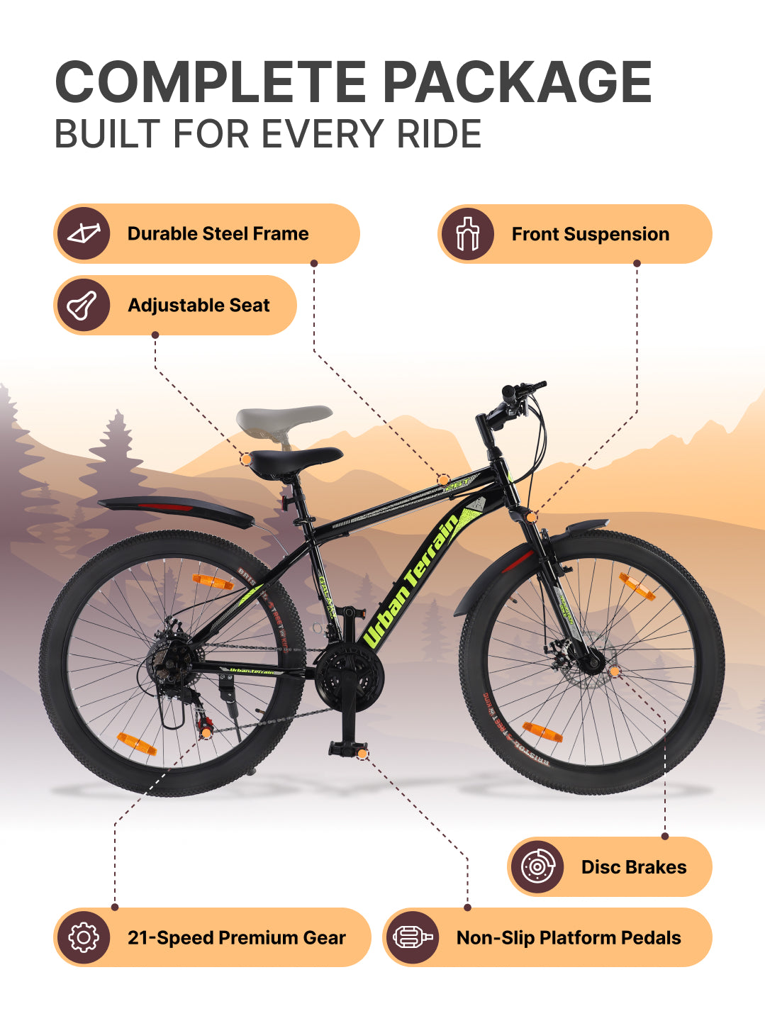Galaxy Ultra Mountain Bike Steel 21 Speed Cycle 26 inch Tyre, Green With Front Suspension, Single Wall Rim and Dual Disc Brakes Ideal For 5 ft to 5.7 ft