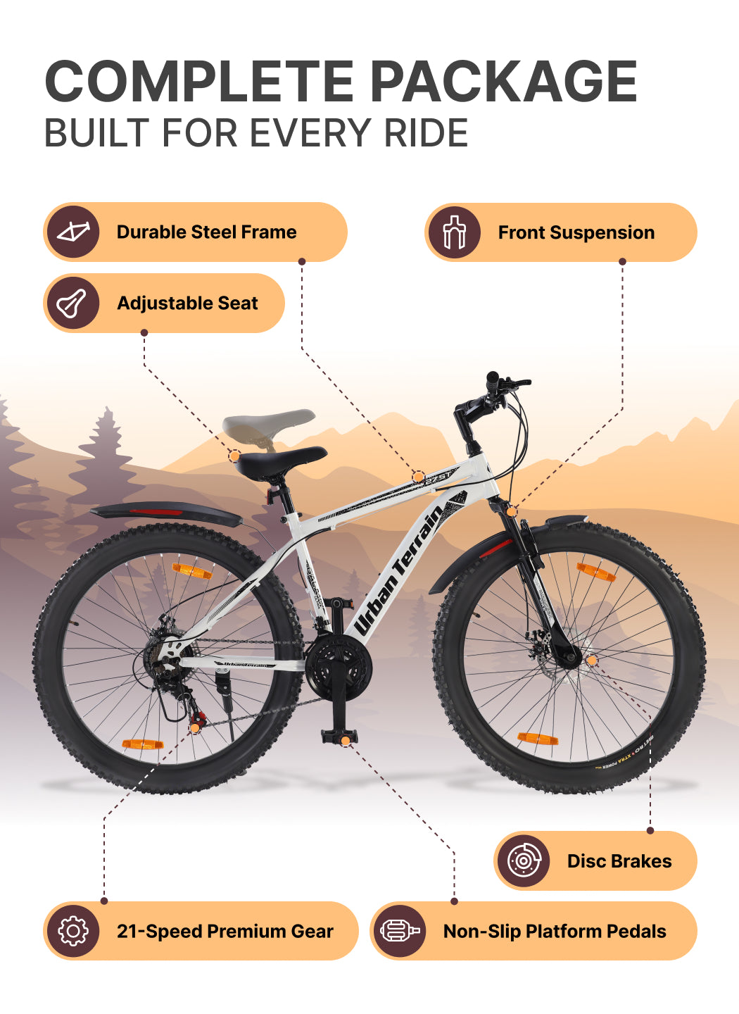 Galaxy Ultra Mountain Bike Steel 21 Speed Cycle 27.5 inch Tyre, White With Front Suspension, Single Wall Rim and Dual Disc Brakes Ideal For 5.2 ft to 6 ft
