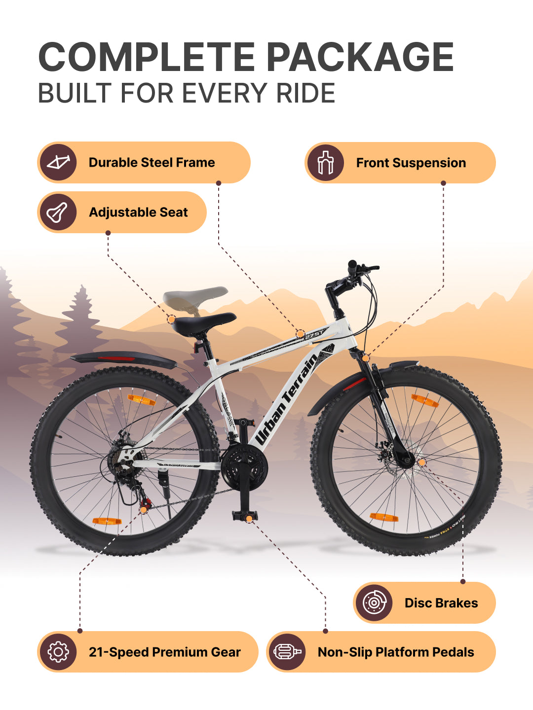 Galaxy Ultra Mountain Bike Steel 21 Speed Cycle 27.5 inch Tyre, White With Front Suspension, Single Wall Rim and Dual Disc Brakes Ideal For 5.2 ft to 6 ft