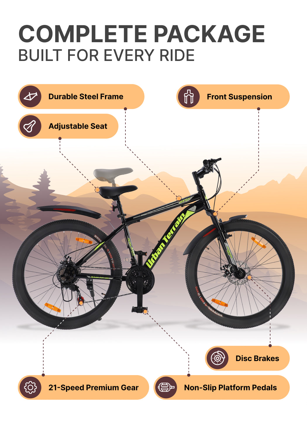 Galaxy Ultra Mountain Bike Steel 21 Speed Cycle 27.5 inch Tyre, Green With Front Suspension, Single Wall Rim and Dual Disc Brakes Ideal For 5.2 ft