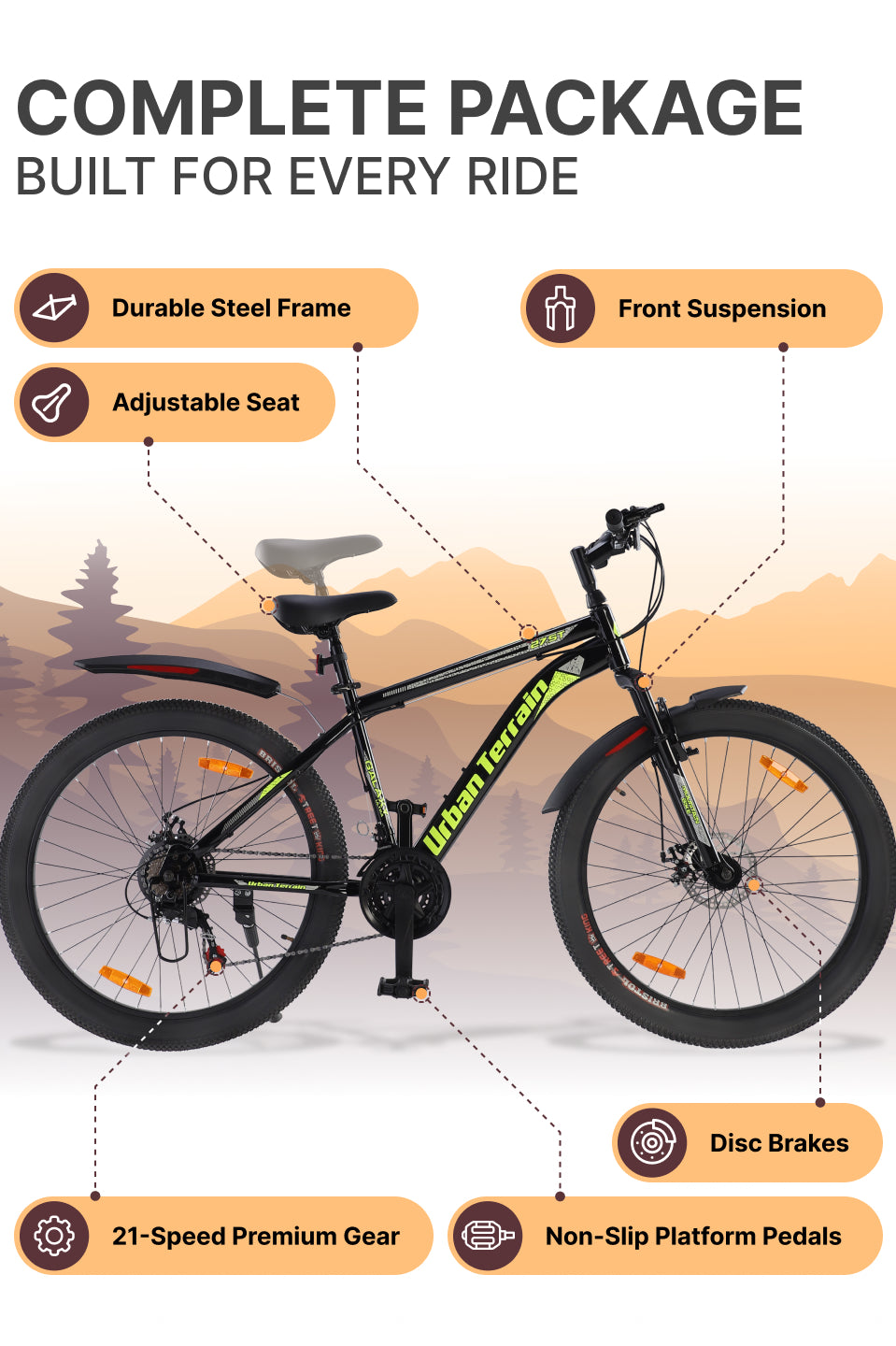 Galaxy Ultra Mountain Bike Steel 21 Speed Cycle 27.5 inch Tyre, Green With Front Suspension, Single Wall Rim and Dual Disc Brakes Ideal For 5.2 ft