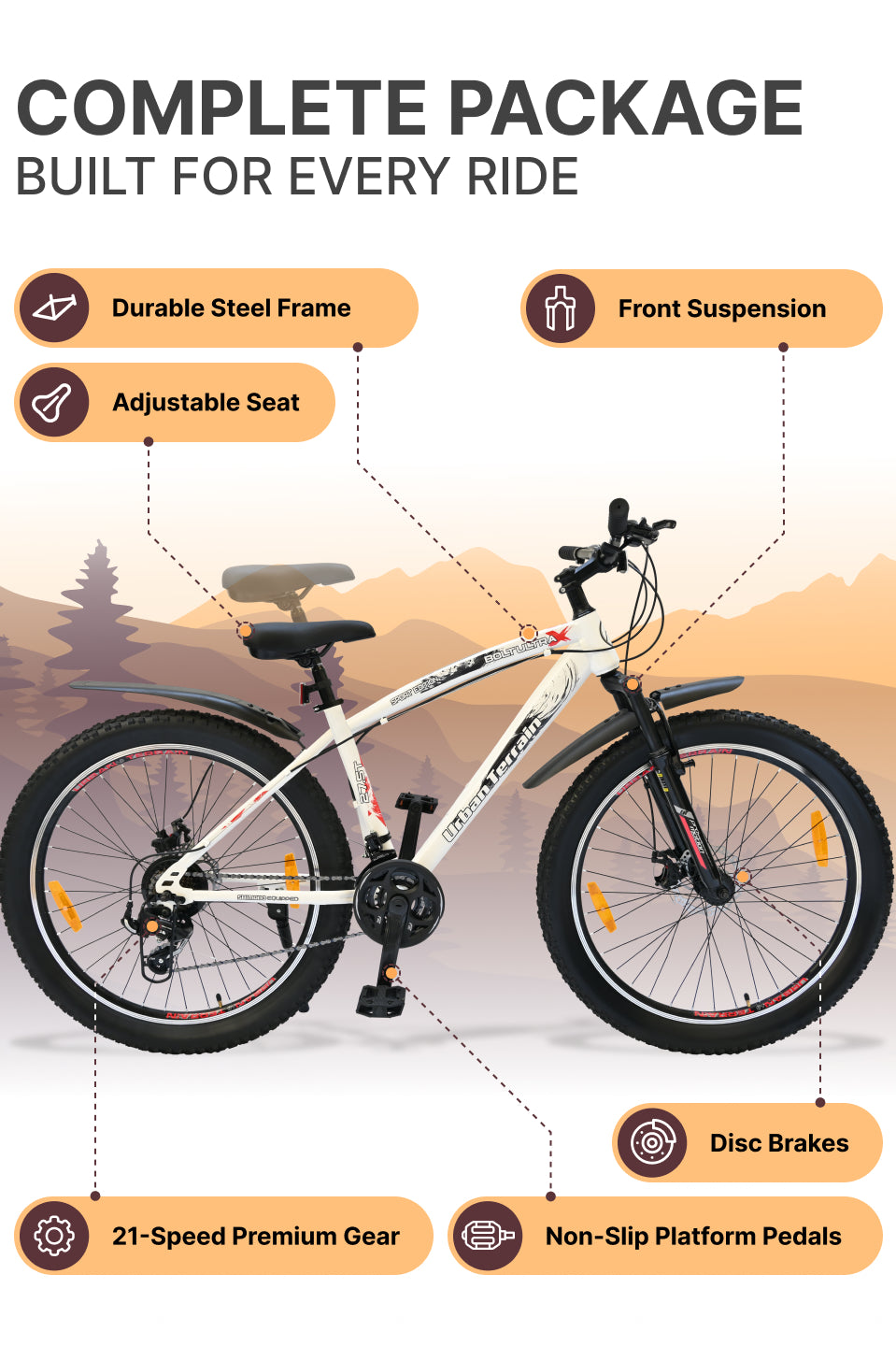 Bolt Ultra Mountain Bike Steel 21 Speed Cycle 27.5 inch Tyre, White With Front Suspension, Double Wall Rim and Dual Disc Brakes, Ideal For 5.2 ft to 6 ft