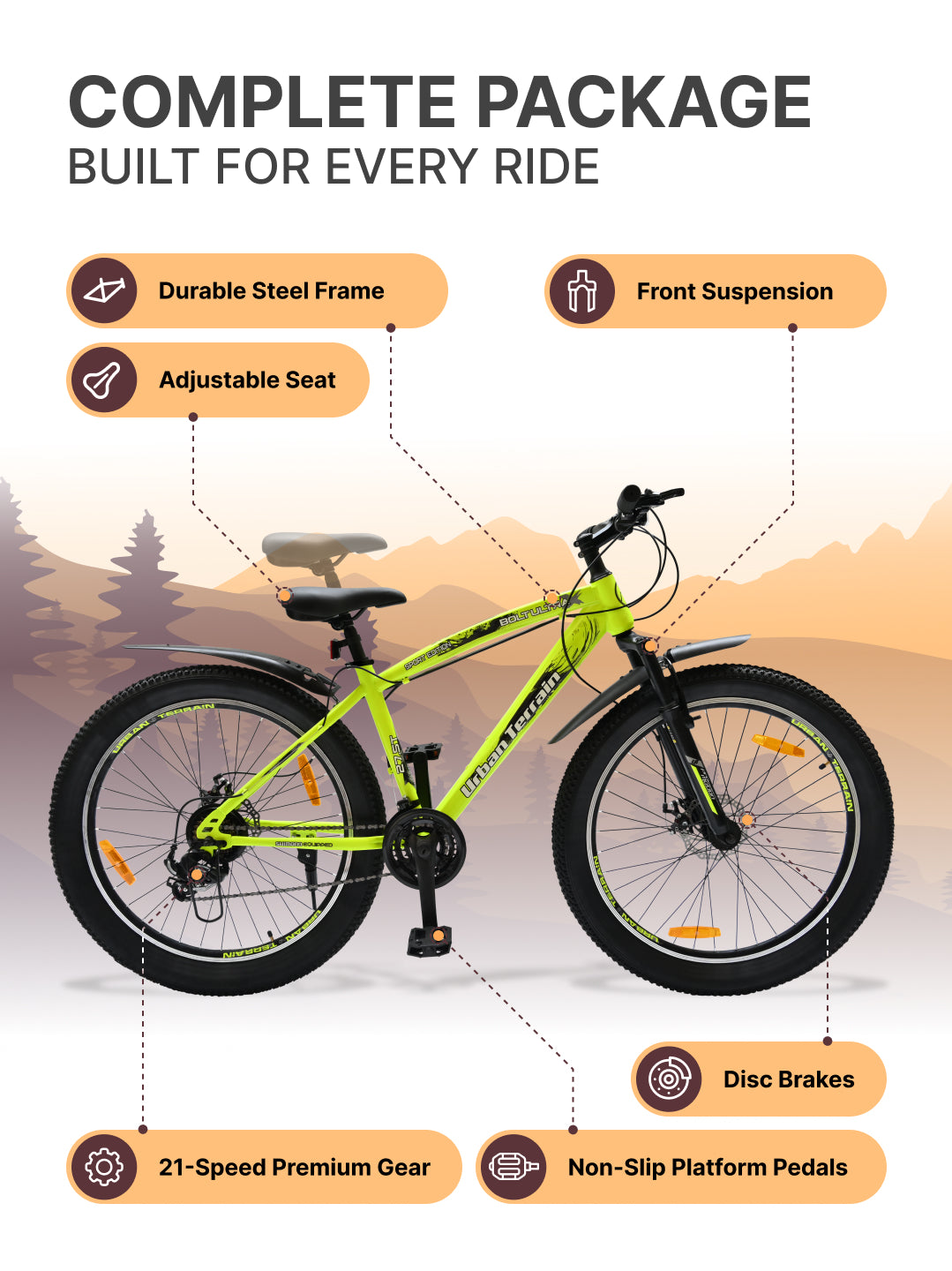 Bolt Ultra Mountain Bike Steel 21 Speed Cycle 27.5 inch Tyre, Green With Front Suspension, Double Wall Rim and Dual Disc Brakes, Ideal For 5.2 ft to 6 ft