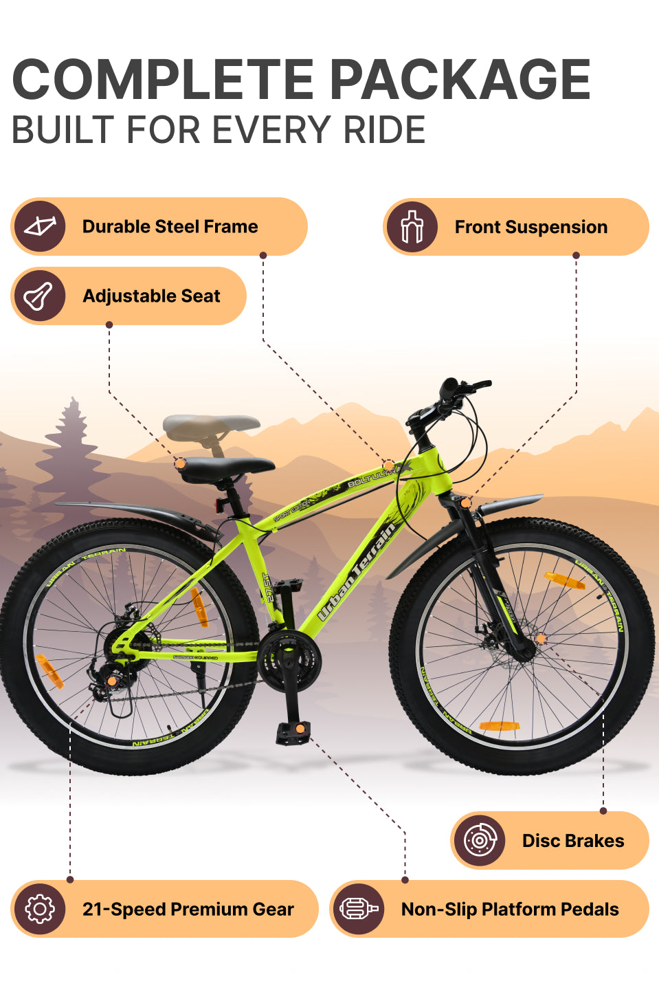 Bolt Ultra Mountain Bike Steel 21 Speed Cycle 27.5 inch Tyre, Green With Front Suspension, Double Wall Rim and Dual Disc Brakes, Ideal For 5.2 ft to 6 ft