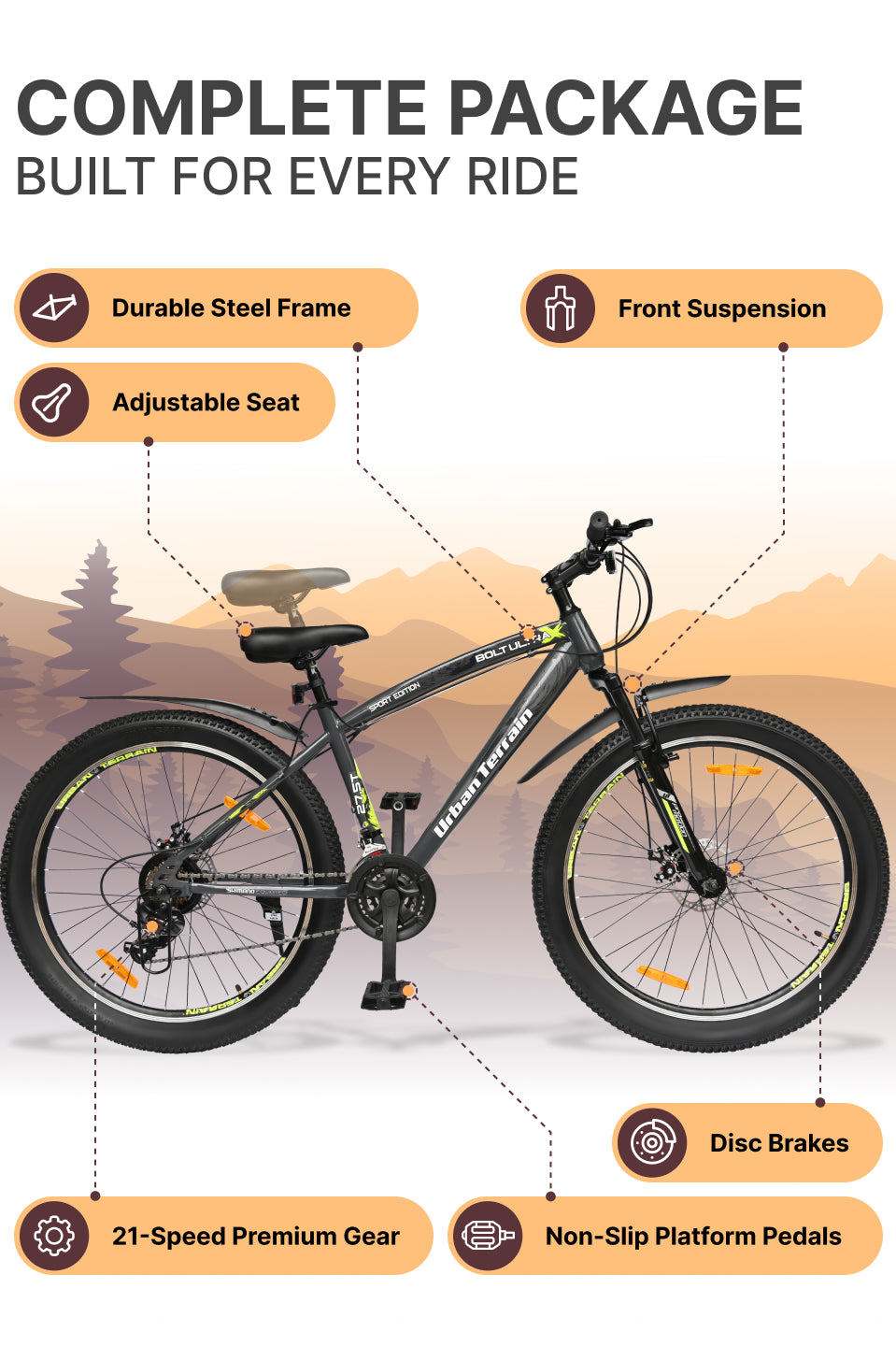 Bolt Ultra Mountain Bike Steel 21 Speed Cycle 27.5 inch Tyre, Grey With Front Suspension, Double Wall Rim and Dual Disc Brakes, Ideal For 5.2 ft to 6 ft