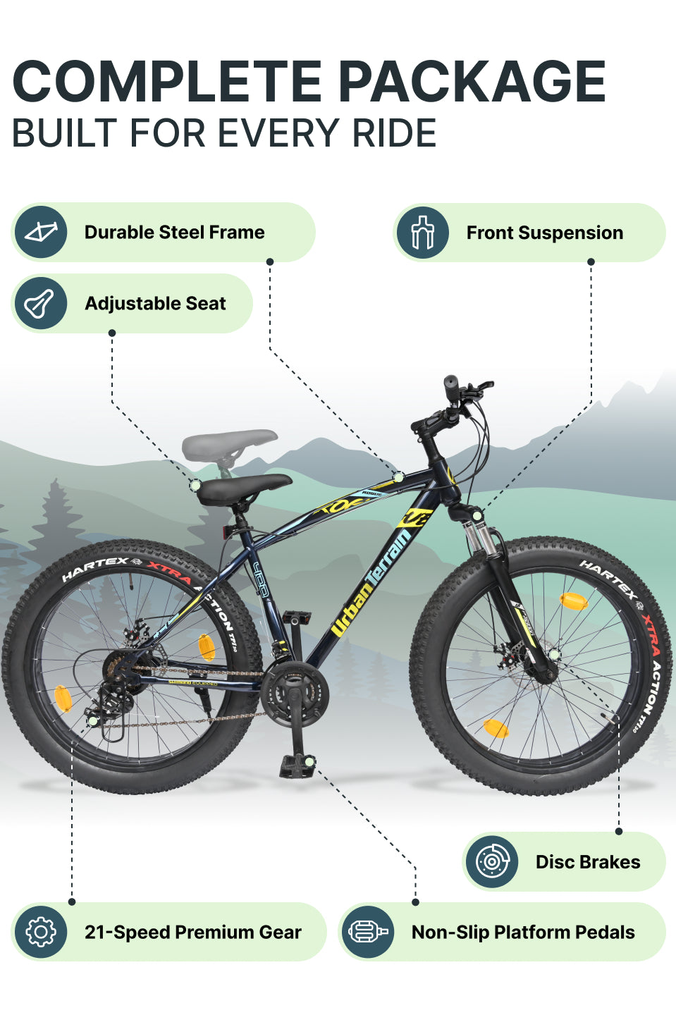 Rogue Mountain Bike Steel 21 Speed Cycle 26 inch Fat Tyre, Blue With Front Suspension, Single Wall Rim and Dual Disc Brakes, Ideal For 5 ft to 5.7 ft
