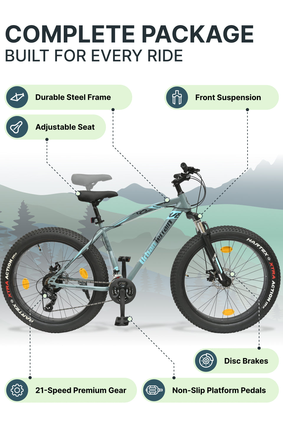 Rogue Mountain Bike Steel 21 Speed Cycle 26 inch Fat Tyre, Grey With Front Suspension, Single Wall Rim and Dual Disc Brakes, Ideal For 5 ft to 5.7 ft
