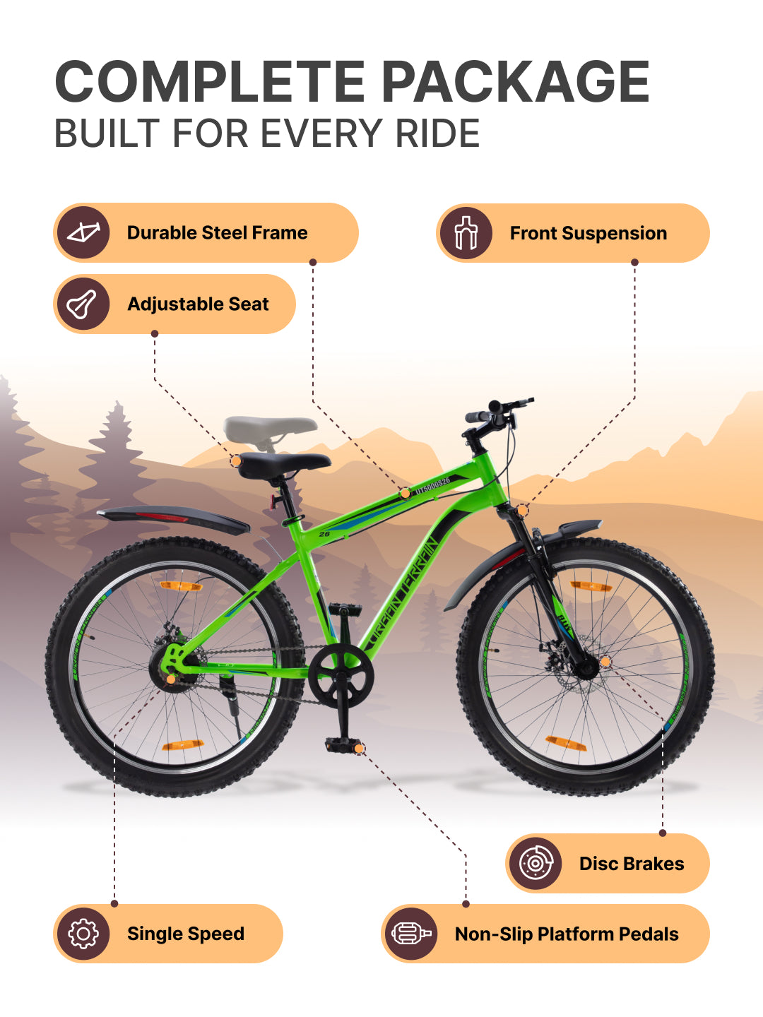 UT5000S26 Mountain Bike Steel Single Speed Cycle 26 Inch Tyre, Dual Disc Brake, Front Suspension, Double Wall Alloy Rim, Green
