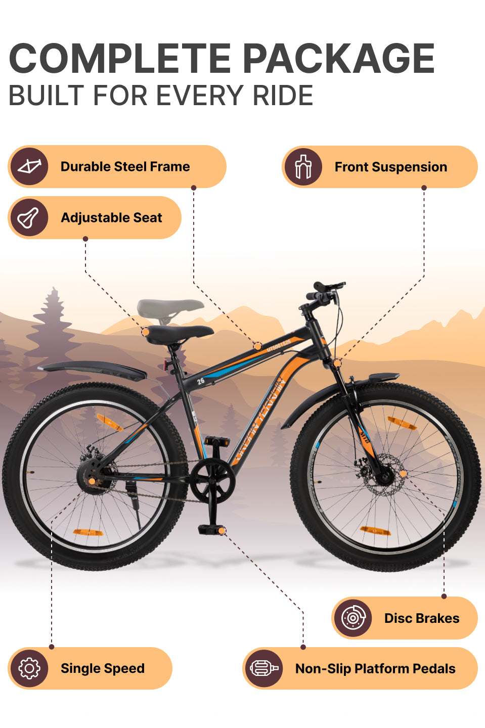 UT5001S26 Mountain Bike Steel Single Speed Cycle 26 inch Tyre, Dual Disc Brake, Front Suspension, Double Wall Alloy Rim, Black
