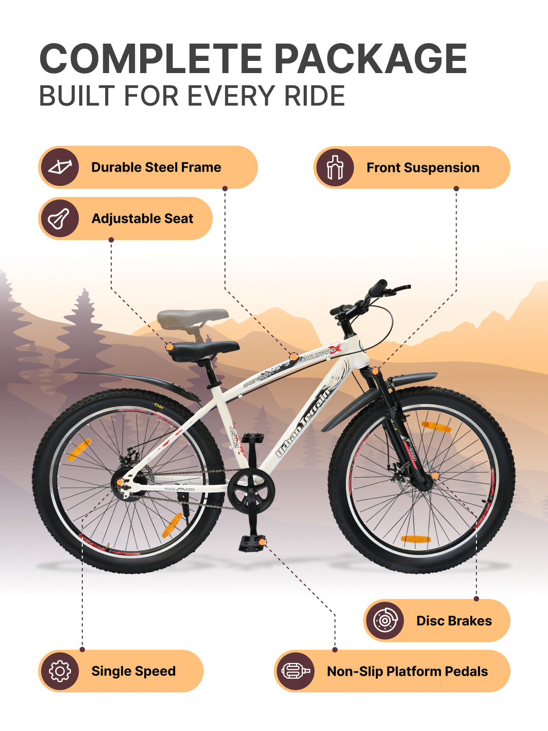 Bolt Pro Mountain Bike Steel Single Speed 27.5 inch Tyre with Dual Disc Brakes, Front Suspension, Double Wall Alloy Rim, White