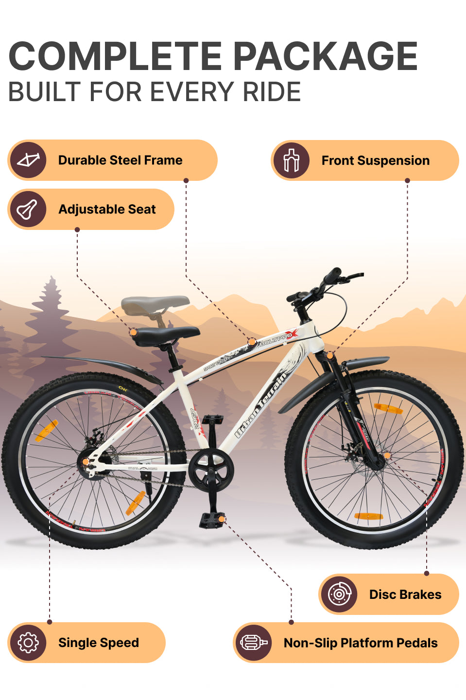 Bolt Pro Mountain Bike Steel Single Speed 27.5 inch Tyre with Dual Disc Brakes, Front Suspension, Double Wall Alloy Rim, White