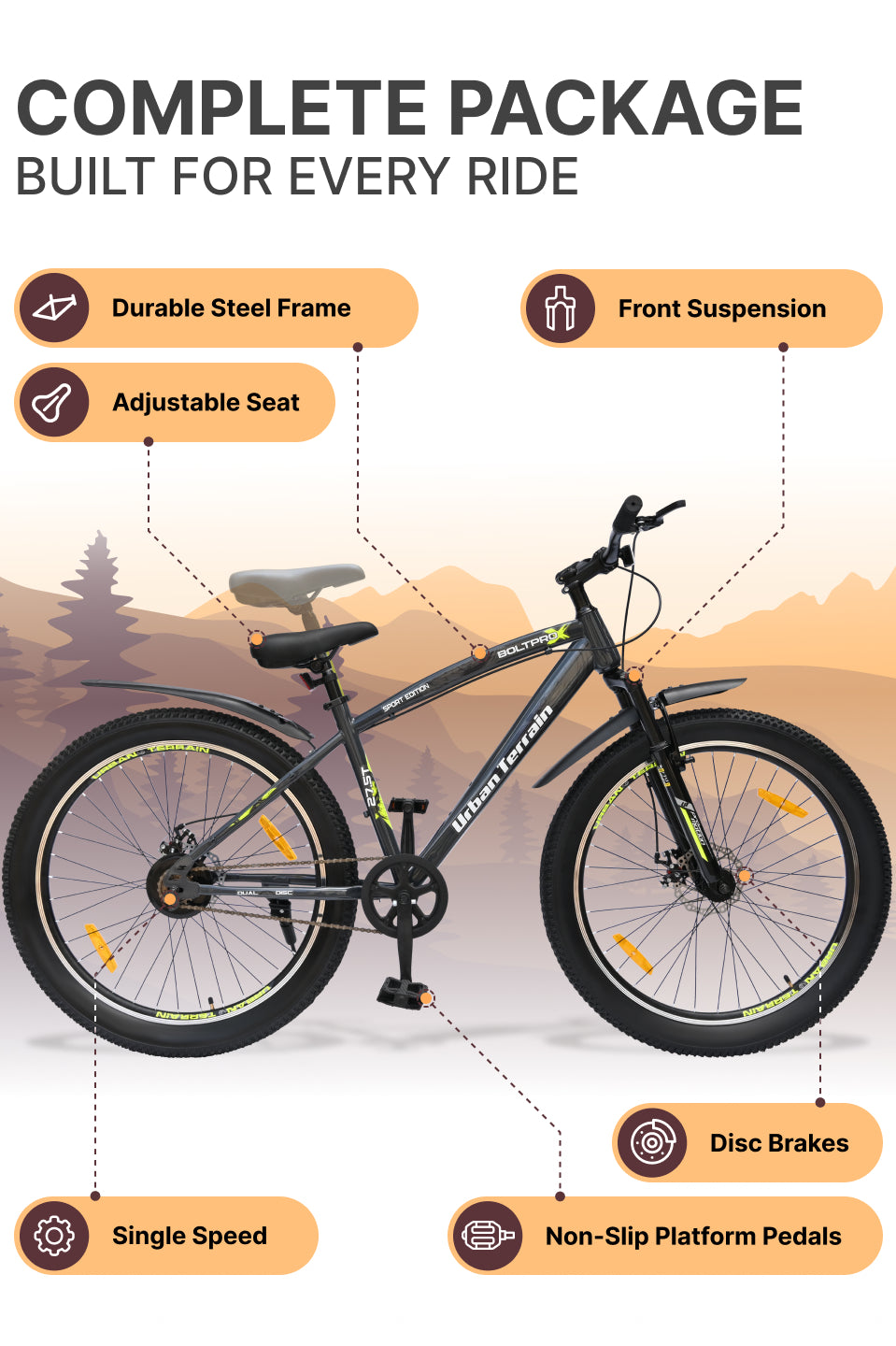 Bolt Pro Mountain Bike Steel Single Speed 27.5 inch Tyre with Dual Disc Brakes, Front Suspension, Double Wall Alloy Rim, Grey
