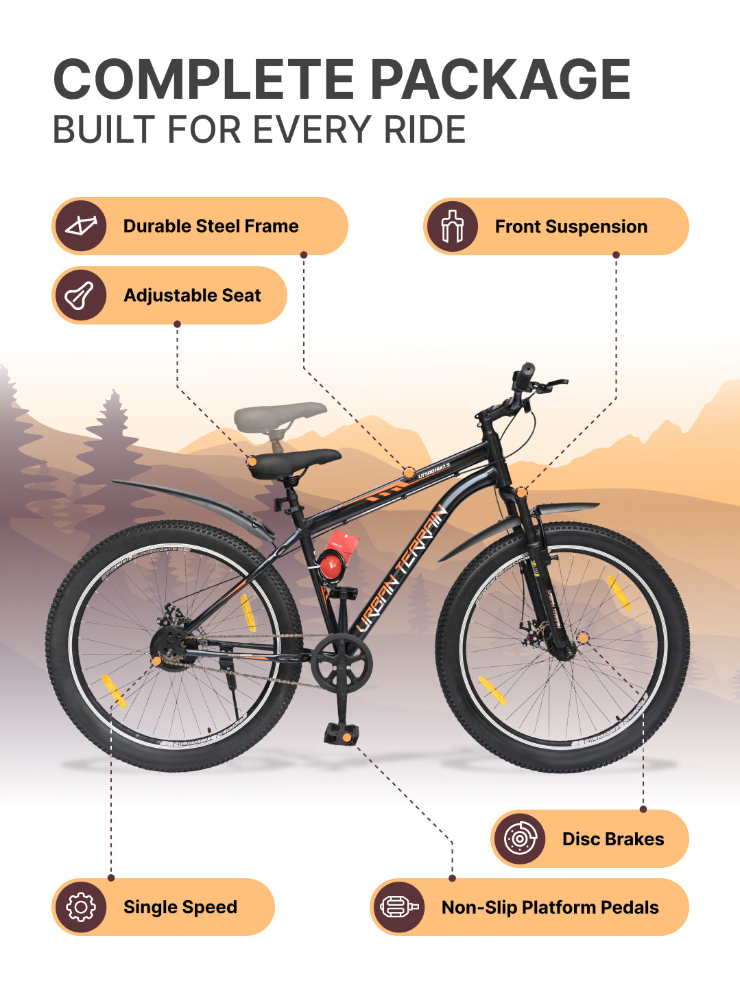 UT5001S27ACC Mountain Cycle Steel Single Speed 27.5 inch with Dual Disc Brakes, Front Suspension, Double Wall Alloy Rim, Bell & Lock, Black