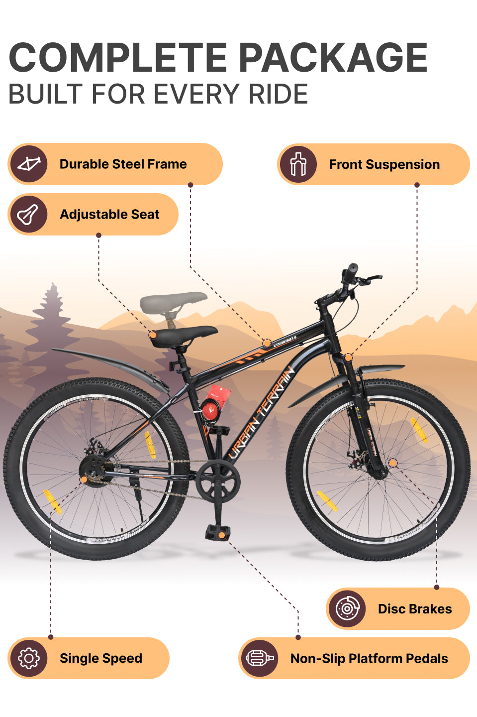 UT5001S27ACC Mountain Cycle Steel Single Speed 27.5 inch with Dual Disc Brakes, Front Suspension, Double Wall Alloy Rim, Bell & Lock, Black