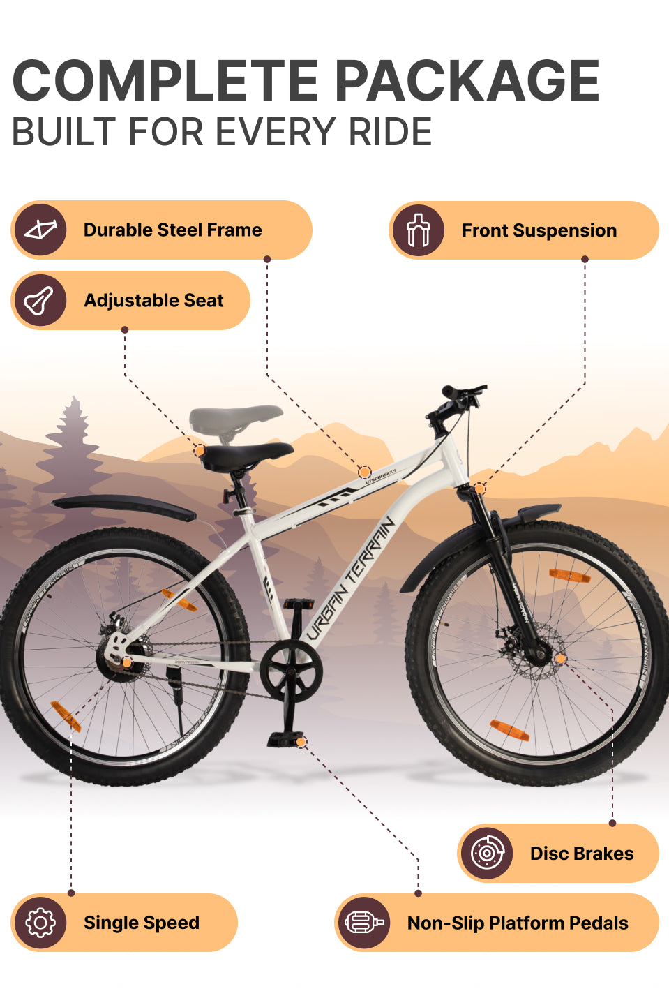UT5000S27.5 Mountain Cycle Steel Single Speed Cycle 27.5 inch, Dual Disc Brakes, Front Suspension, Double Wall Alloy Rim, White