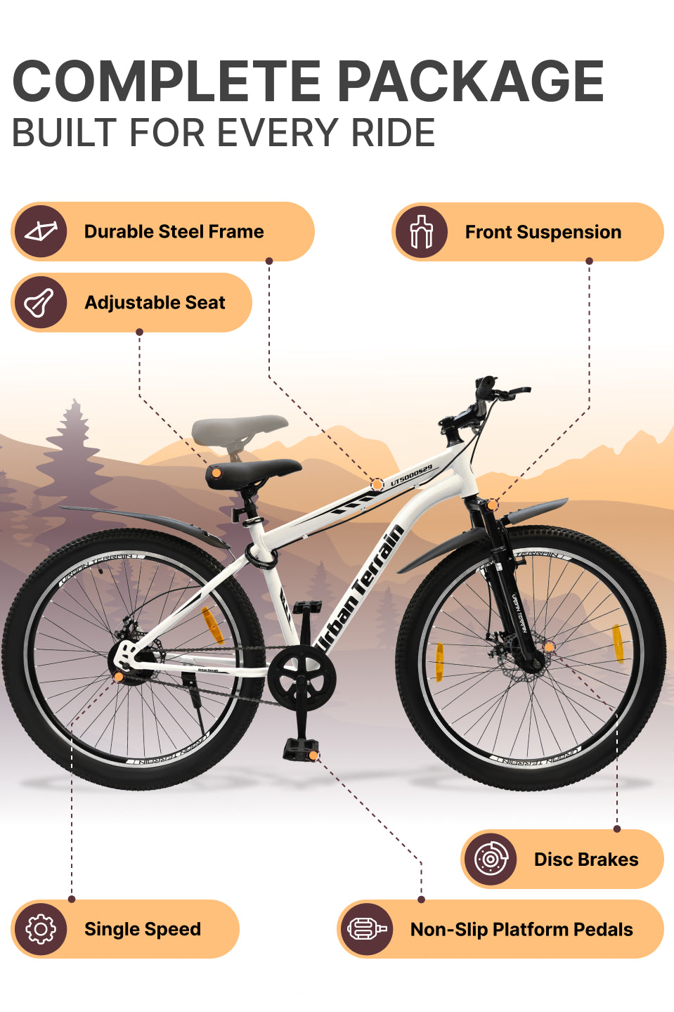 UT5000S29ACC Mountain Cycle Steel Single Speed 29 inch with Dual Disc Brakes, Front Suspension, Double Wall Alloy Rim, Bell & Lock, White