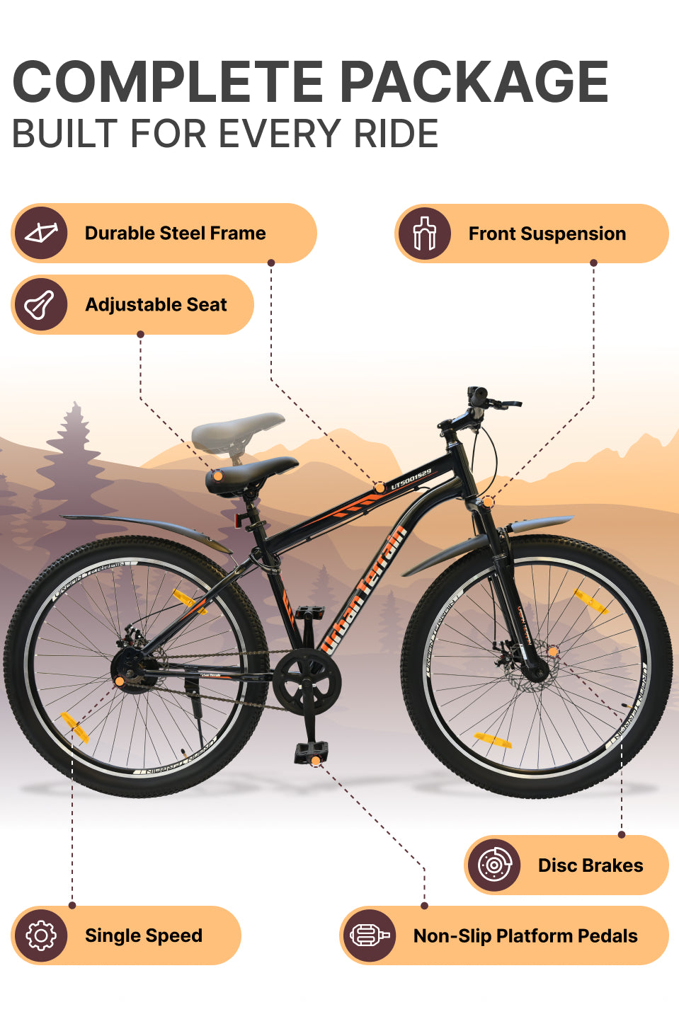 UT5001S29ACC Mountain Cycle Steel Single Speed 29 inch with Dual Disc Brakes, Front Suspension, Double Wall Alloy Rim, Bell & Lock, Black