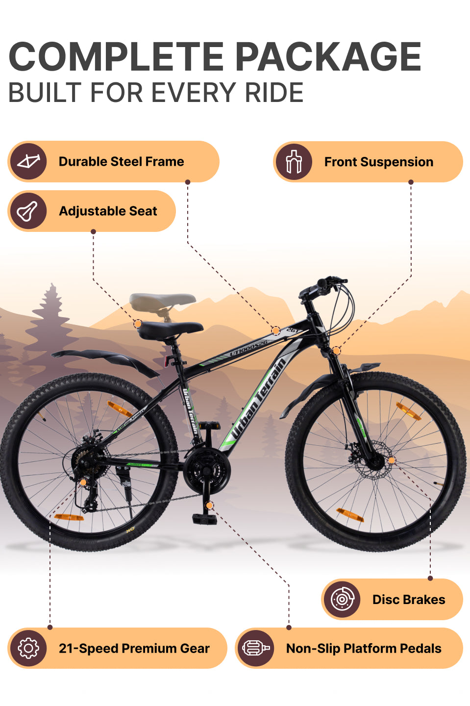UT1000S26 Mountain Bike Steel 21 Speed Cycle Shimano Gear 26 inch, Grey With Front Suspension, Single Wall Rim and Dual Disc Brakes Ideal For 5 ft to 5.7 ft