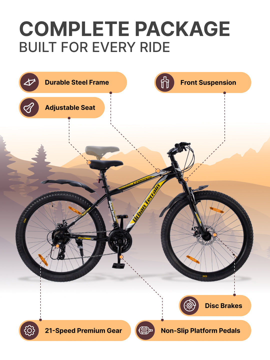 UT1000S26 Mountain Bike Steel 21 Speed Cycle Shimano Gear 26 inch, Yellow With Front Suspension, Single Wall Rim and Dual Disc Brakes Ideal For 5 ft to 5.7 ft