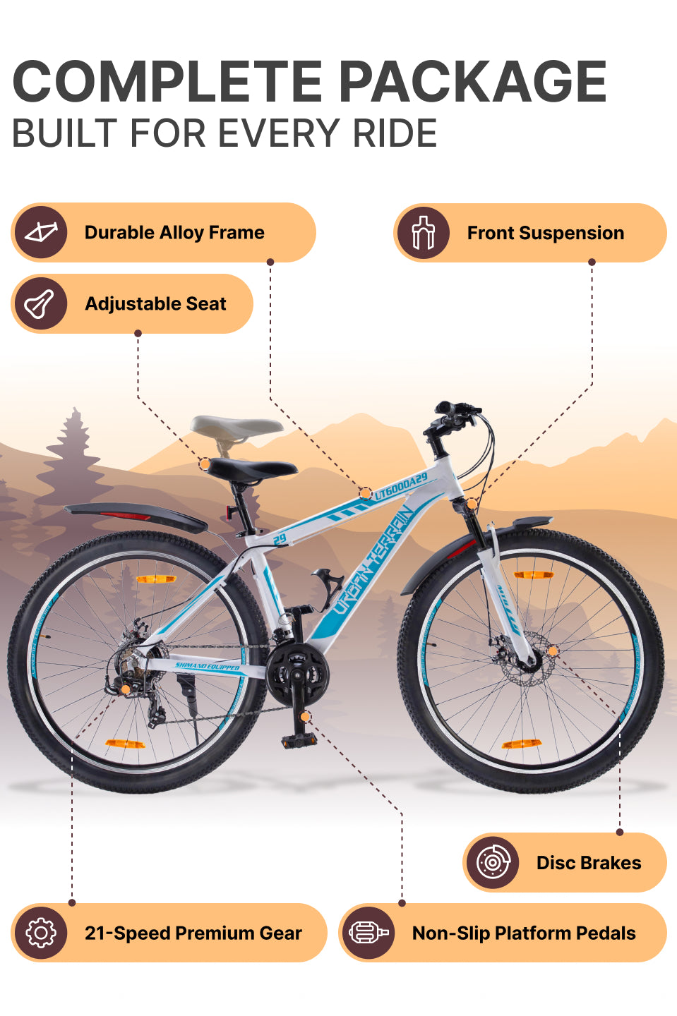 UT6000A29 Mountain Bike Alloy 21 Speed Cycle Shimano Gear 29 inch Tyre, White With Front Suspension, Double Wall Rim And Dual Disc Brake, Ideal For 5.6 ft & above